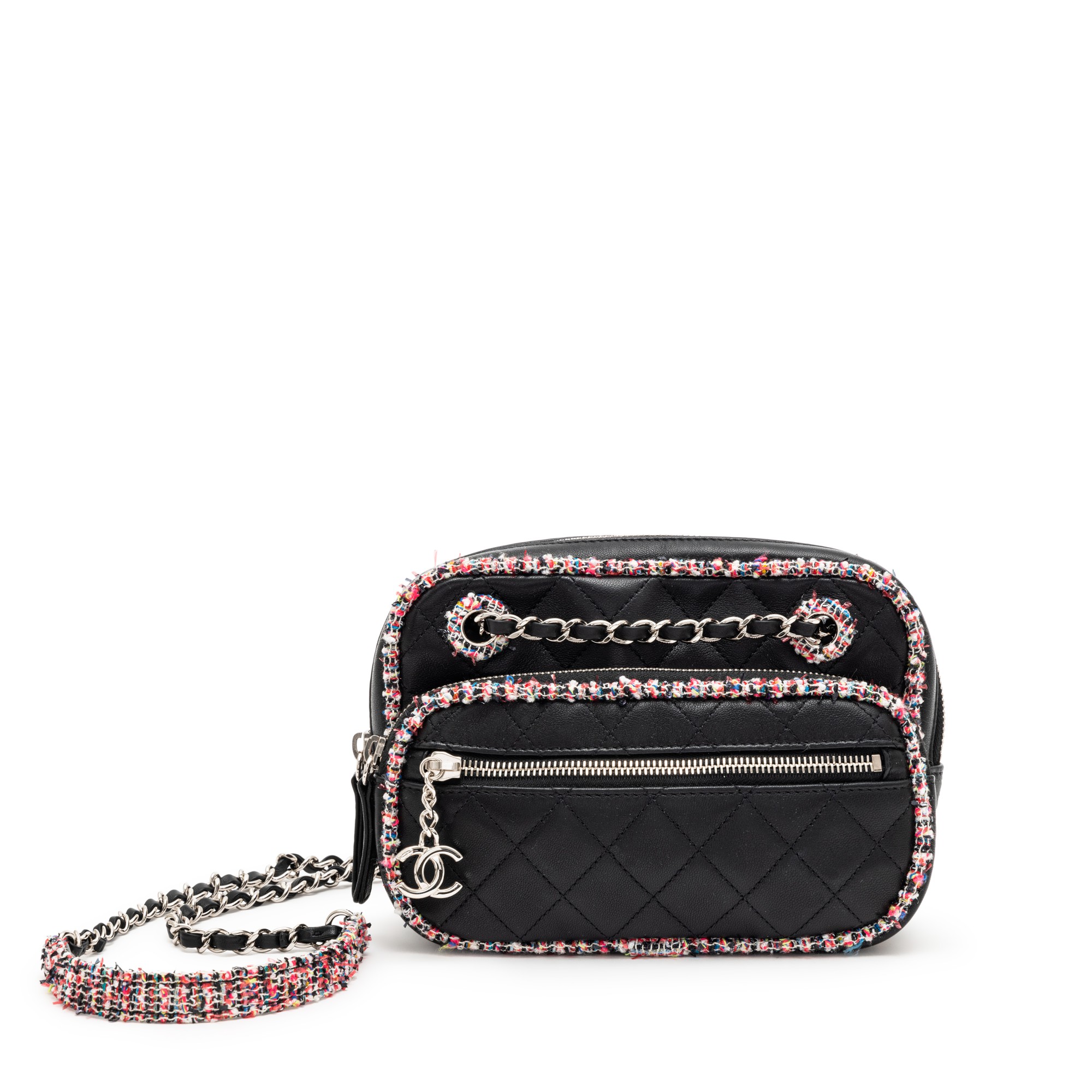 Black Quilted Lambskin and Multicolor Tweed Elegant Trim Camera Bag Silver Hardware, 2019