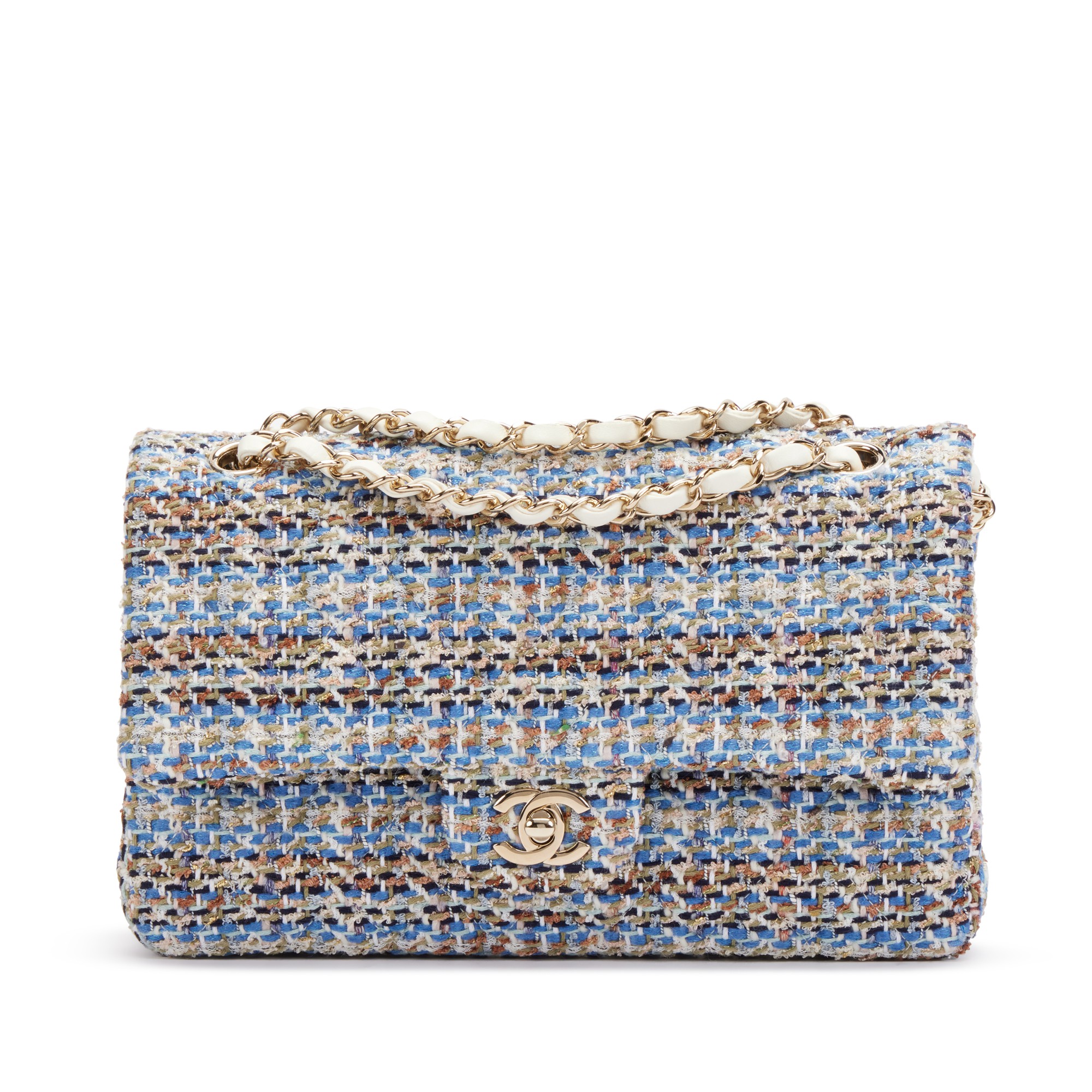 Multicolor Quilted Tweed Medium Double Flap Light Gold Hardware, 2019