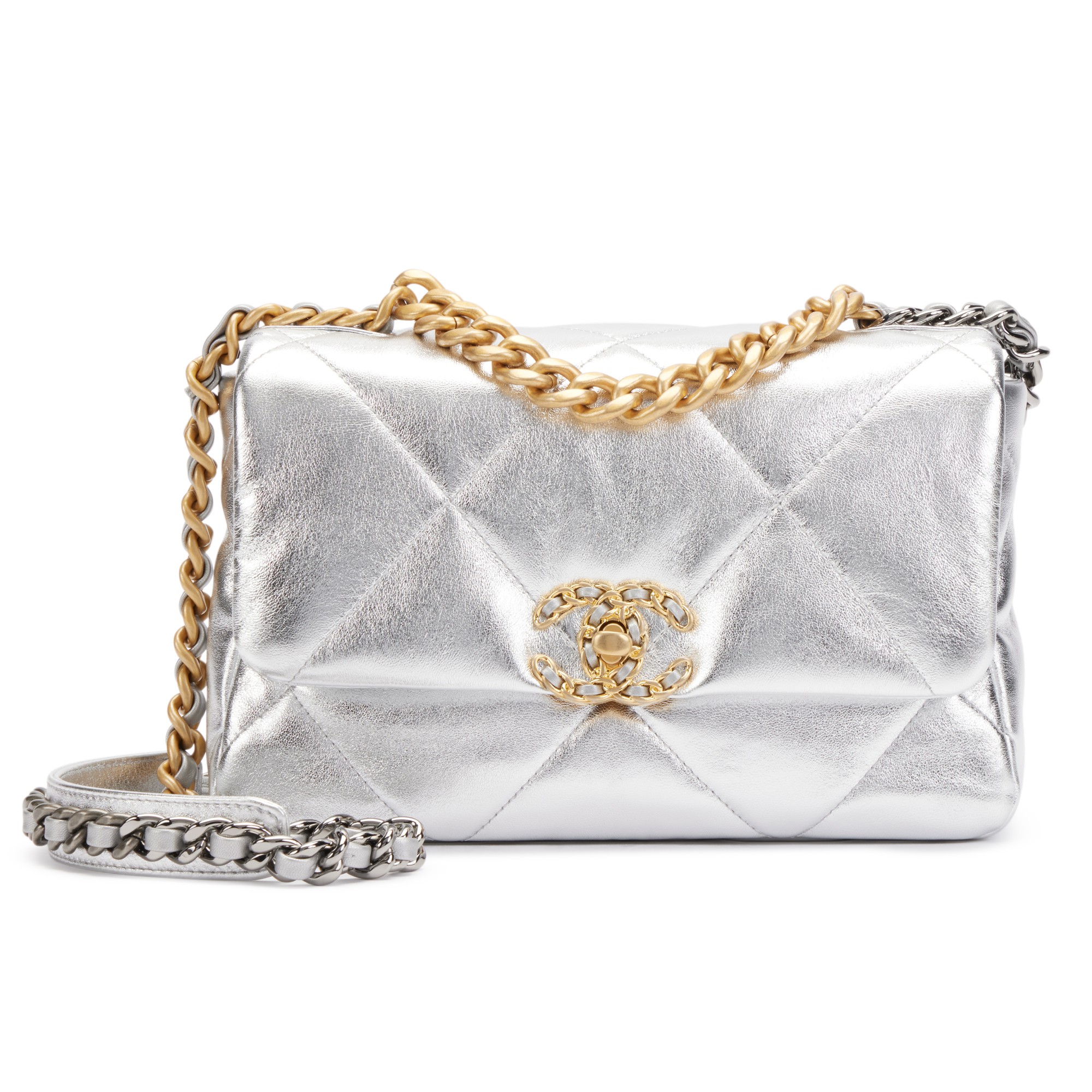 Silver Quilted Lambskin Medium 19 Gold and Silver Hardware, 2021