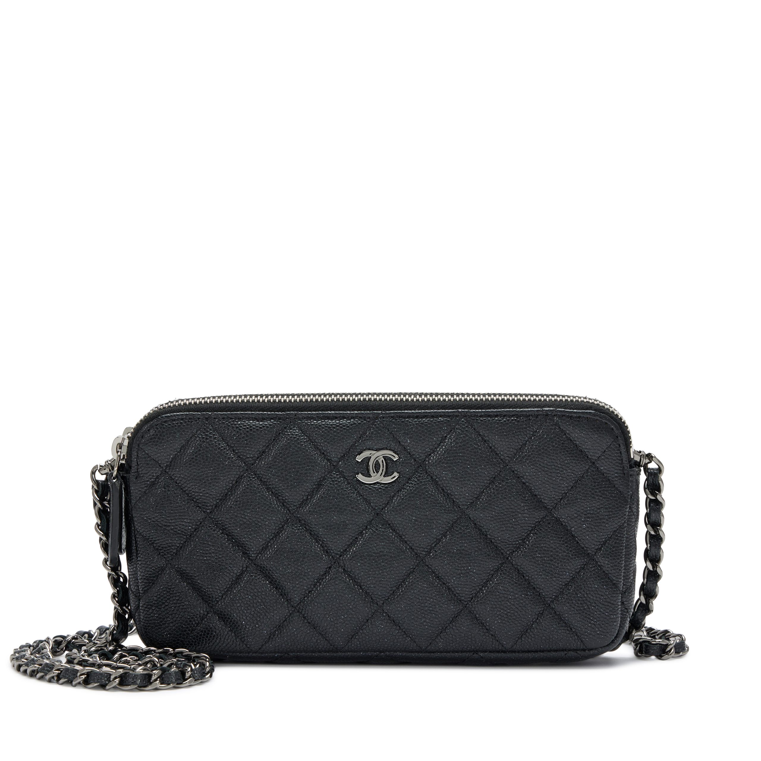 Black Iridescent Quilted Caviar Small Clutch With Chain Silver Hardware, 2018