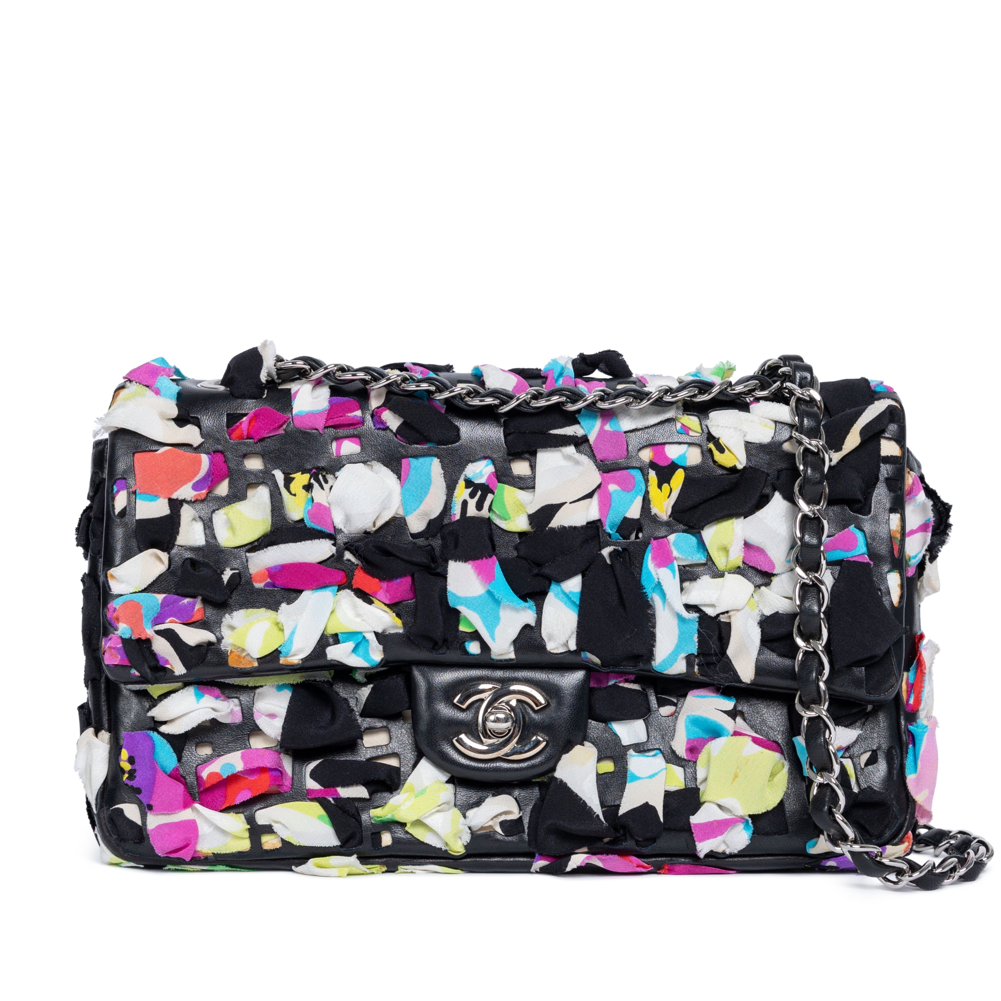 Black Lambskin and Silk Flap Bag Silver Hardware