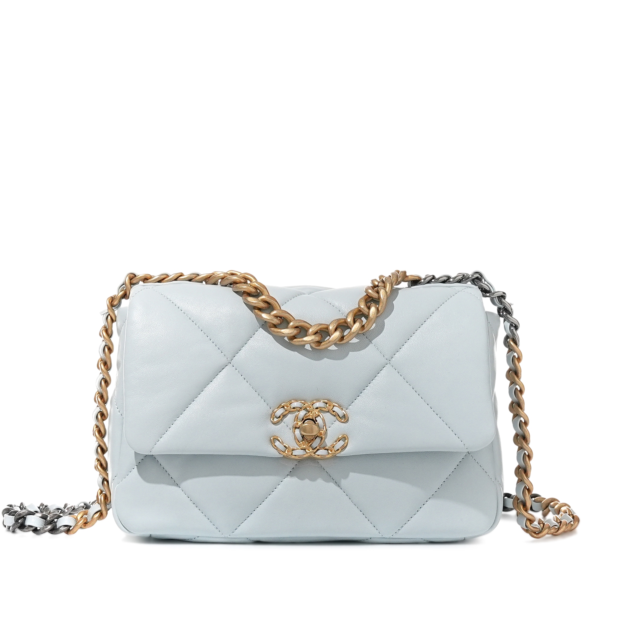 Light Blue Quilted Lambskin Chanel 19 Flap Aged Gold, Ruthenium and Silver Hardware