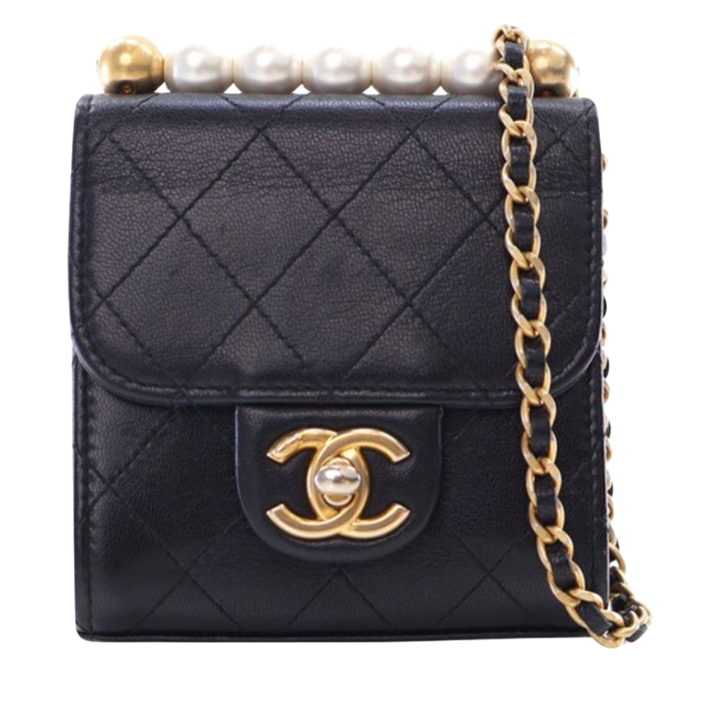 Navy Blue Quilted Calfskin Mini Chic Pearls Flap Bag Aged Gold Hardware, 2019