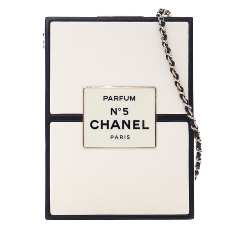 White and Black Calfskin No.5 Perfume Box Evening Clutch Gold Hardware, 2020