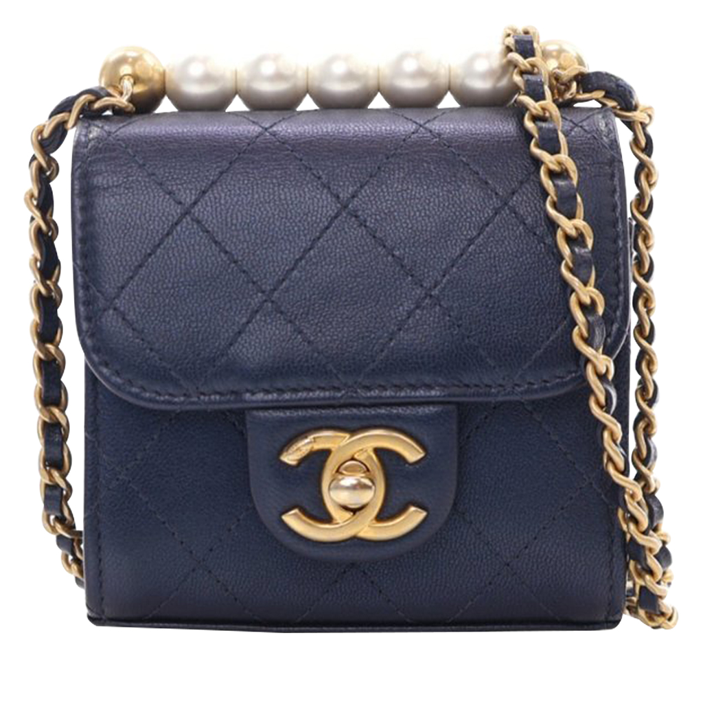 Black Quilted Goatskin Chic Pearl Clutch With Chain Gold Hardware, 2019
