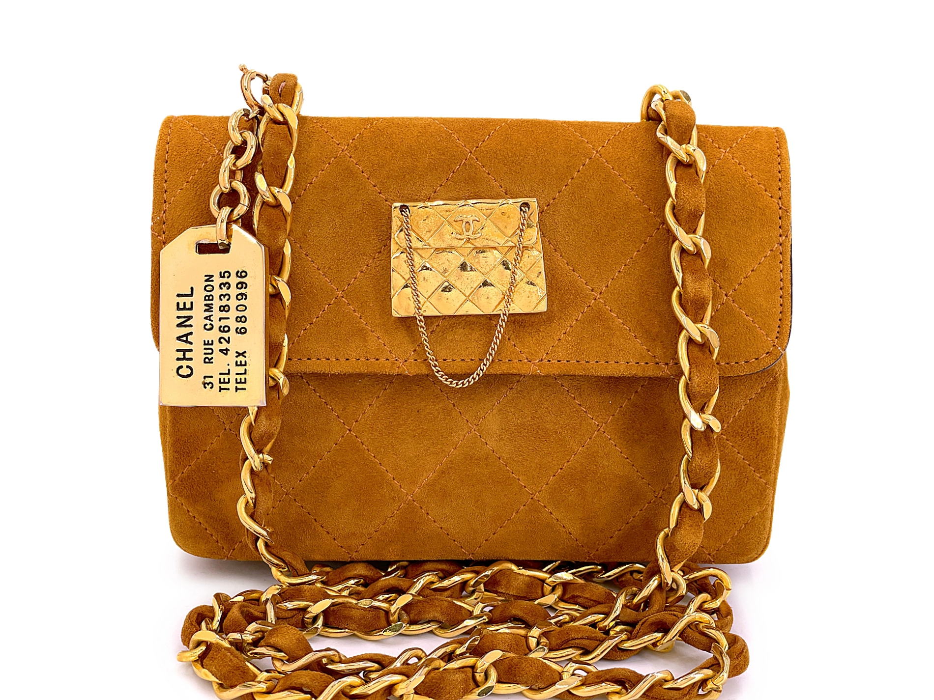 Vintage Walnut Quilted Suede Crossbody Flap Bag Gold Hardware, 1986-1988