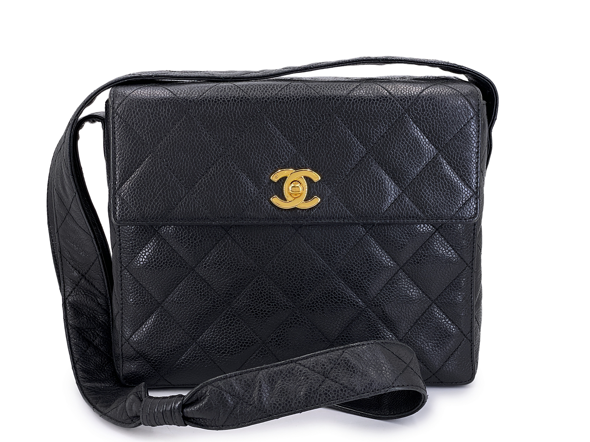 Vintage Black Quilted Caviar Box Crossbody Flap Bag Gold Hardware, 1996