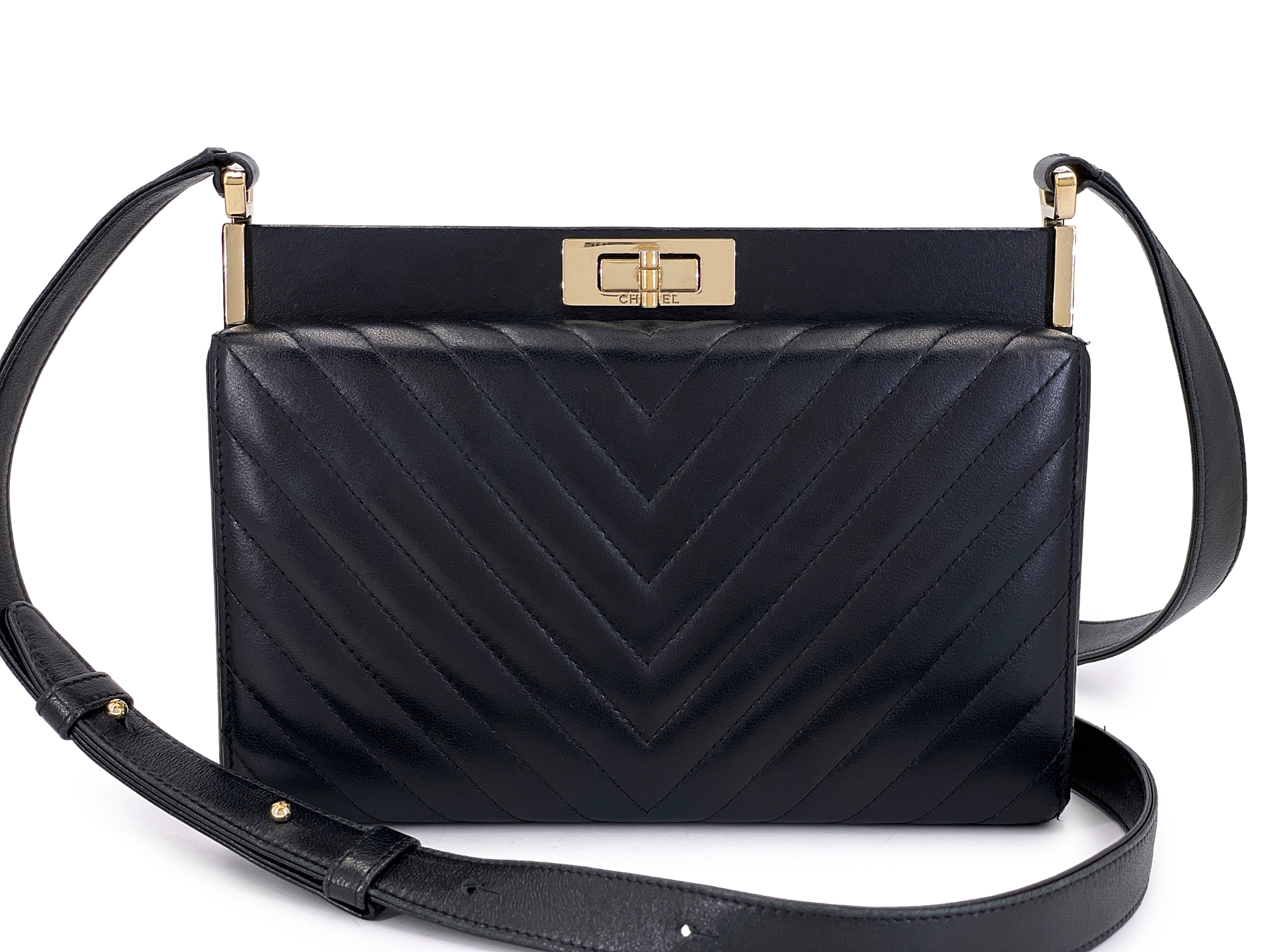 Black Quilted Lambskin Chevron Crossbody Hard Clutch Bag Gold Hardware, 2018