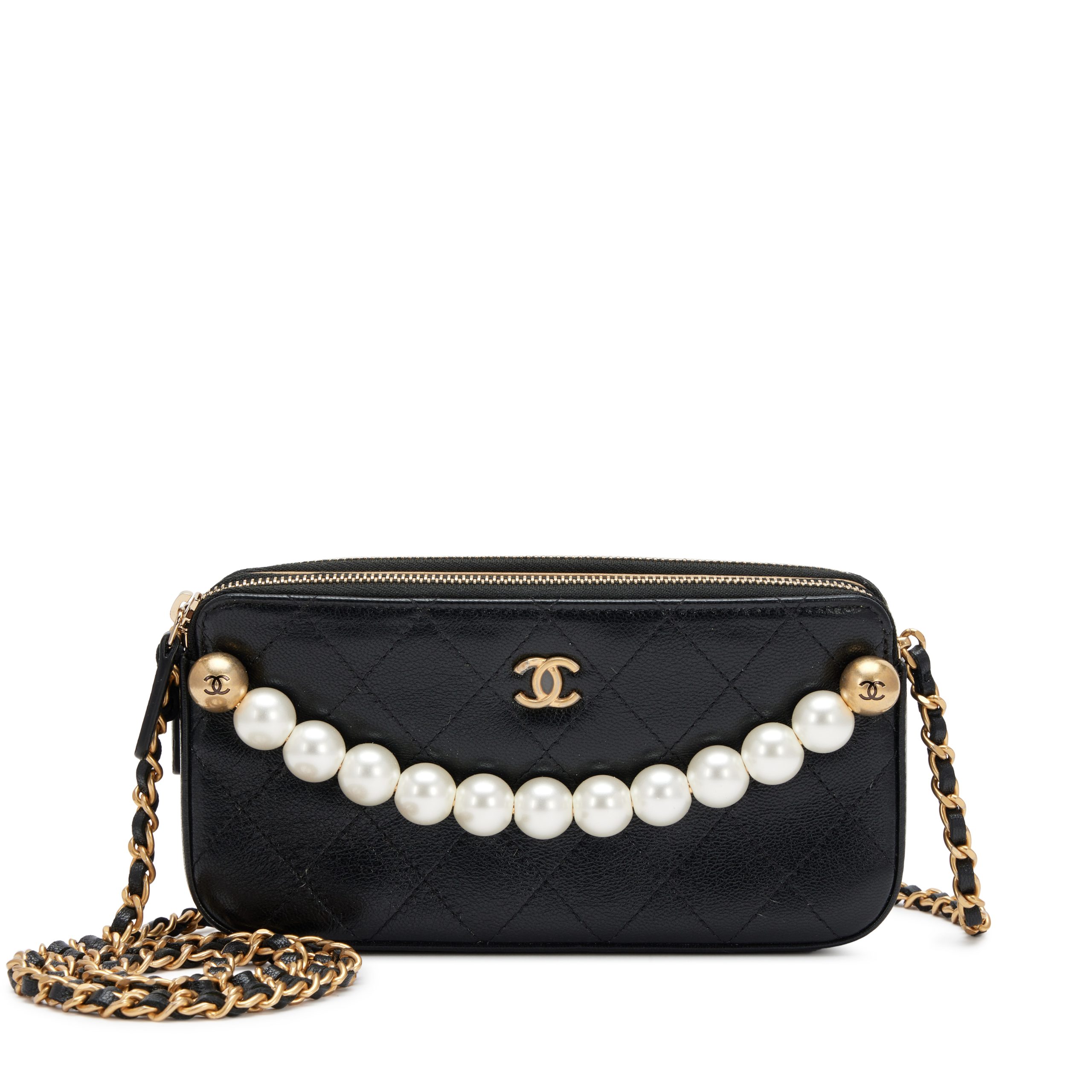 Black Quilted Goatskin Small Chic Pearls Clutch with Chain Aged Gold Hardware, 2019