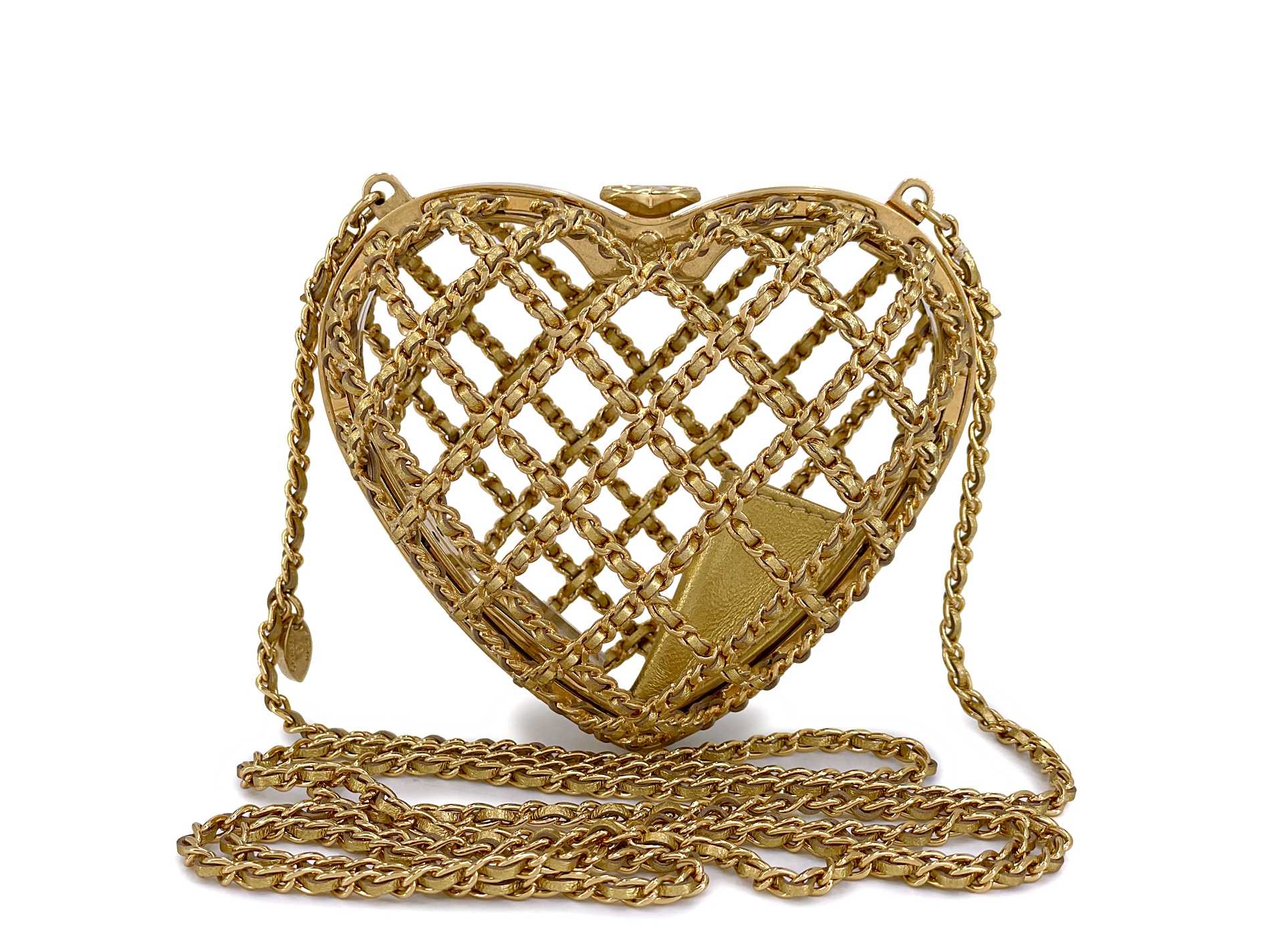Gold Leather Caged Heart Small Minaudire Clutch Bag Gold Hardware, 2023