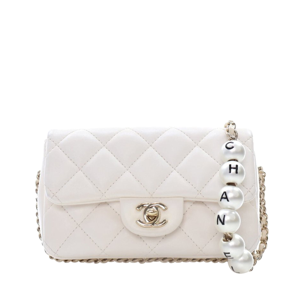 White Quilted Lambskin Logo Pearl Chain Mini Flap Bag Pale Gold Hardware, 2019