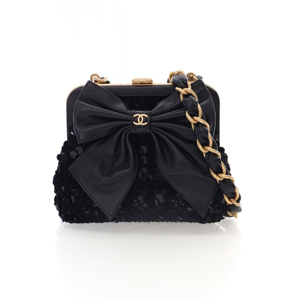 Black Lambskin Tweed Sequin Bow Clutch With Chain Aged Gold Hardware, 2024