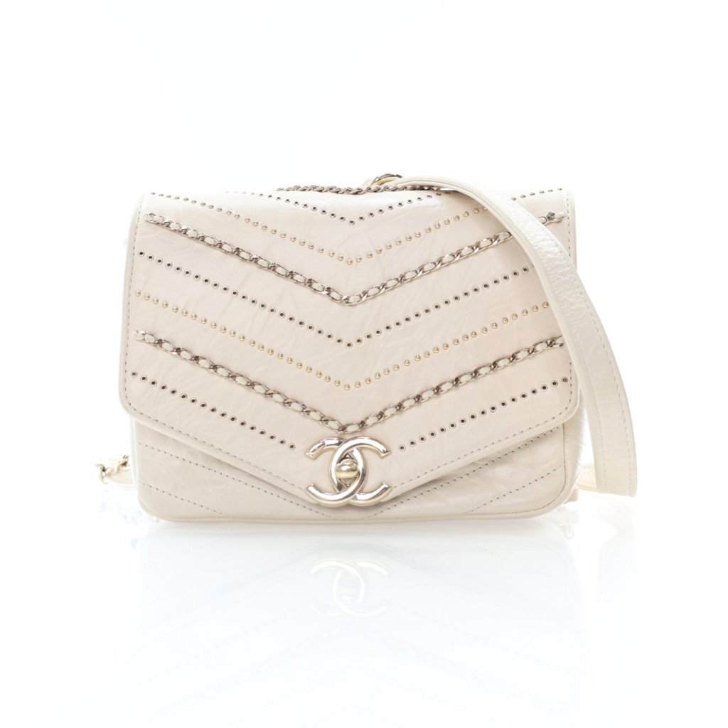 Cream Crinkled Calfskin Mini Square Chain Sequins Chevron Flap Bag Pale Gold Hardware, 2018-2019