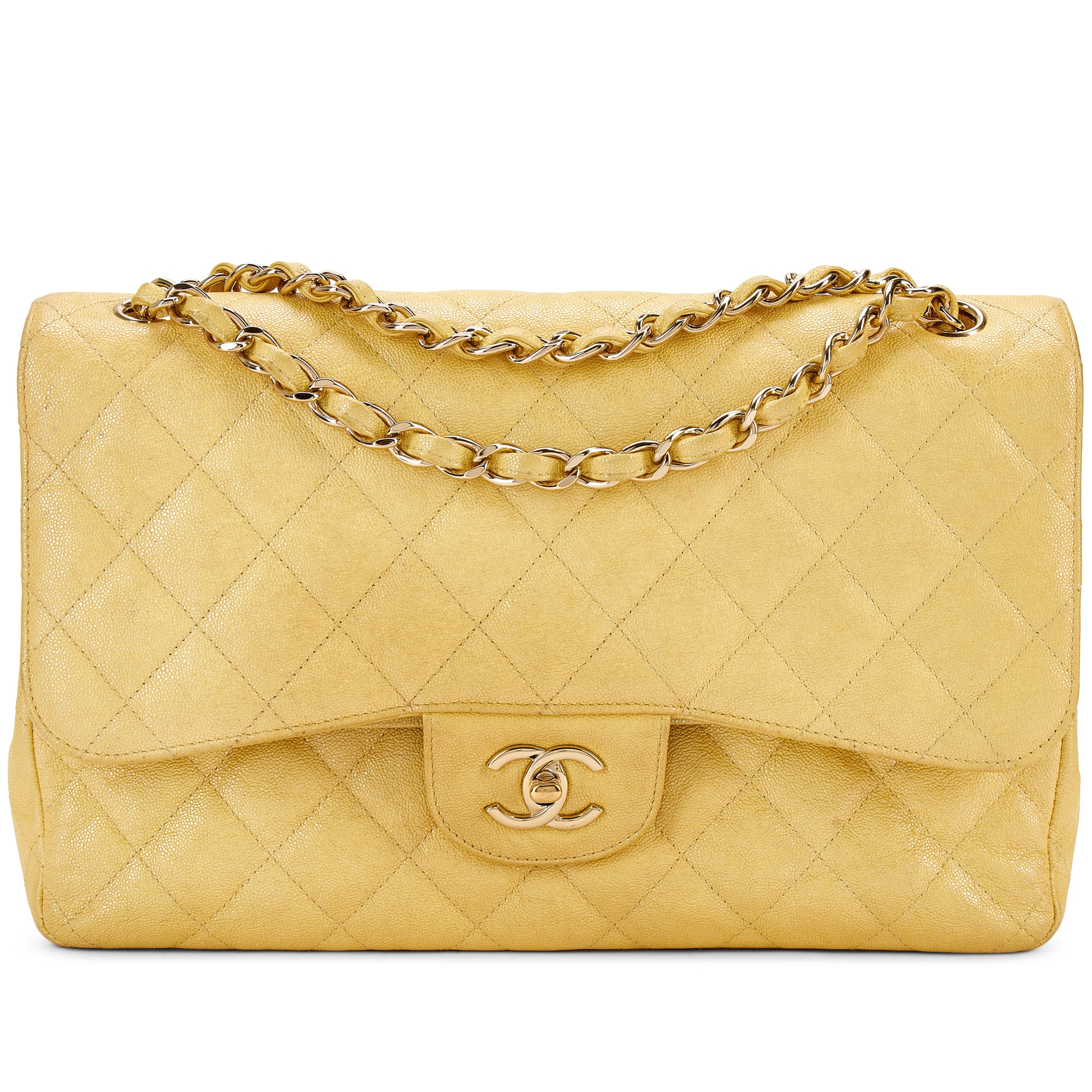 Yellow Iridescent Quilted Caviar Jumbo Double Flap Silver Hardware, 2019