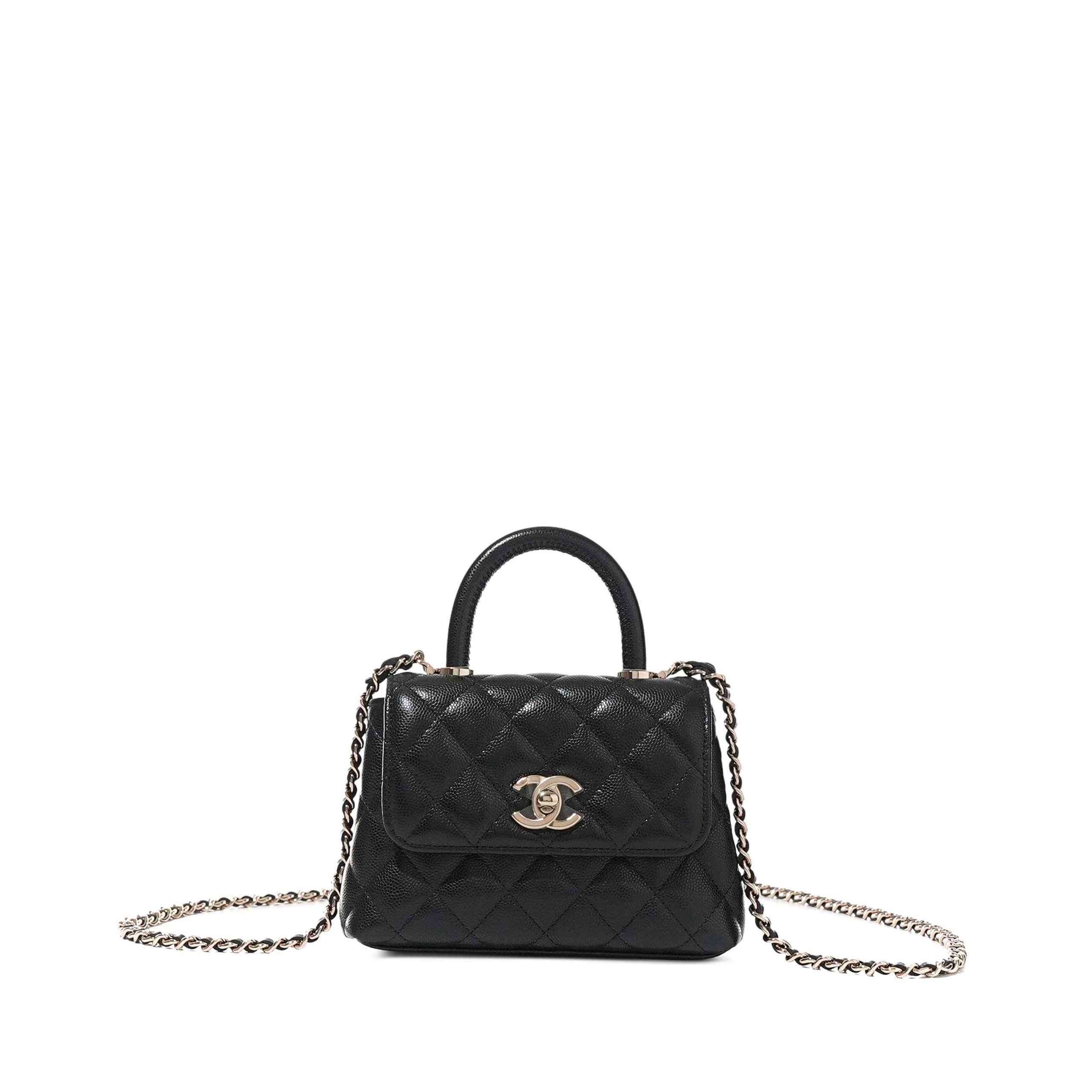 Black Quilted Caviar Top Handle Flap Bag with Chain Pale Gold Hardware