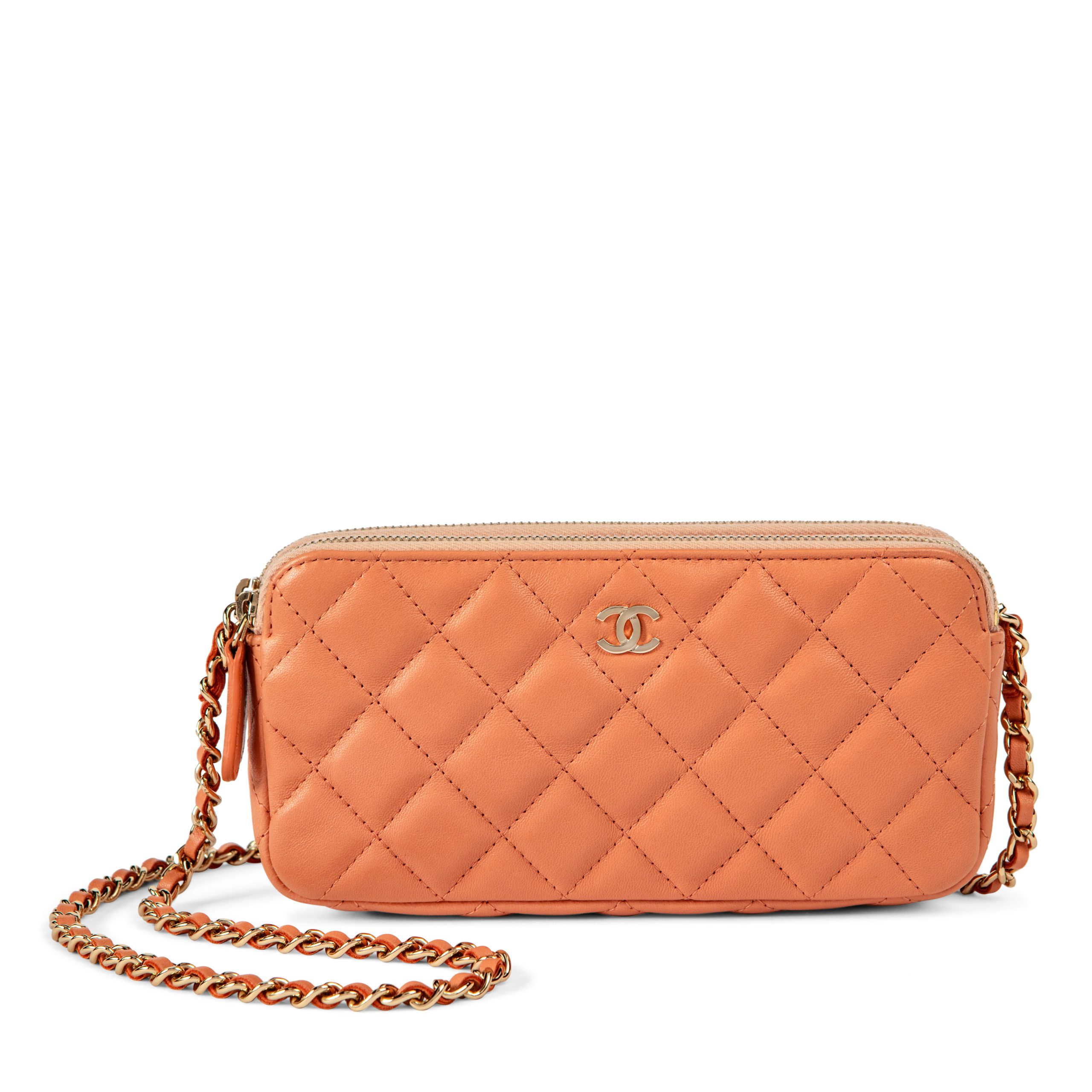 Pink Quilted Lambskin Double Zip Clutch With Chain Gold Hardware, 2018
