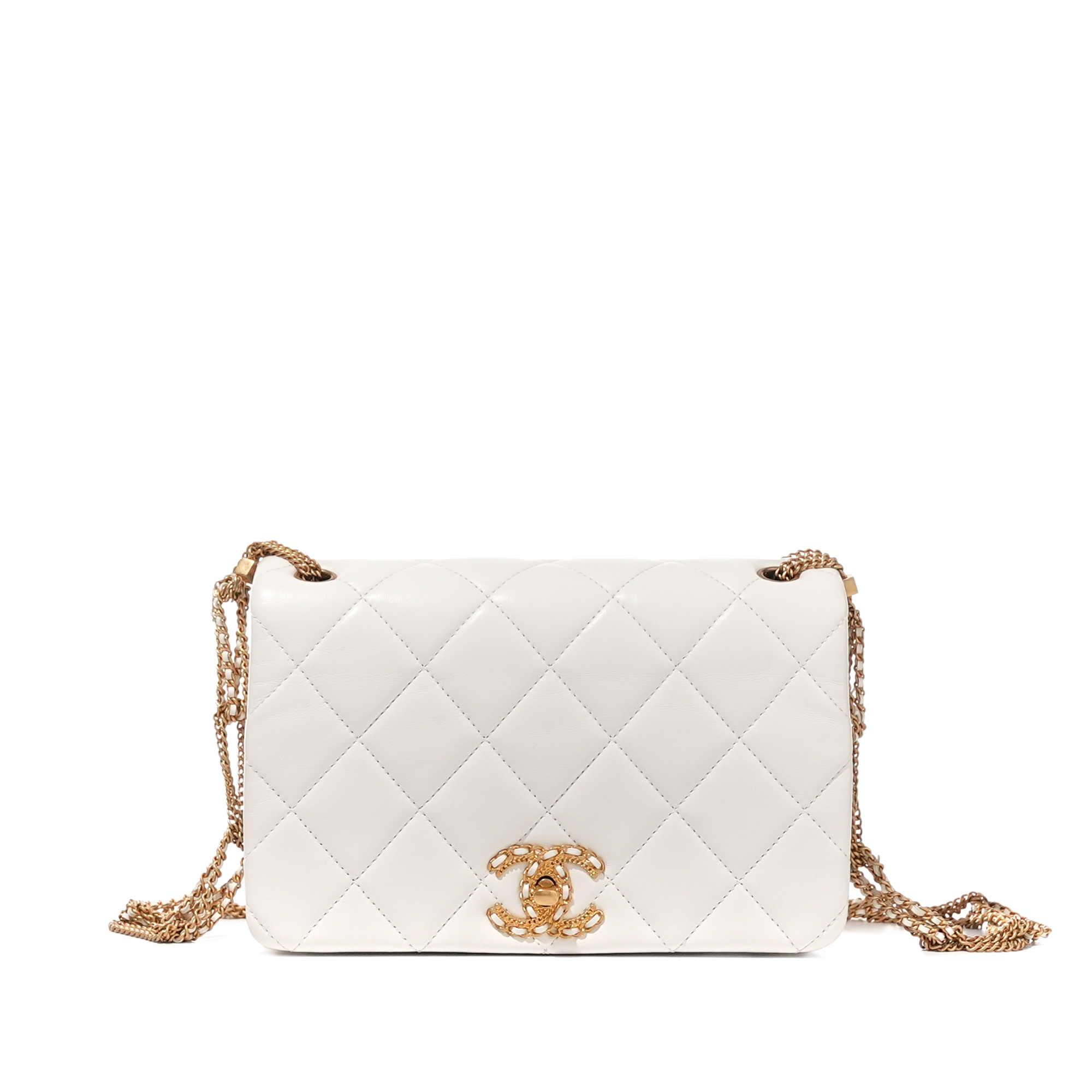 White Quilted Lambskin Flap Bag Aged Gold Hardware, 2022