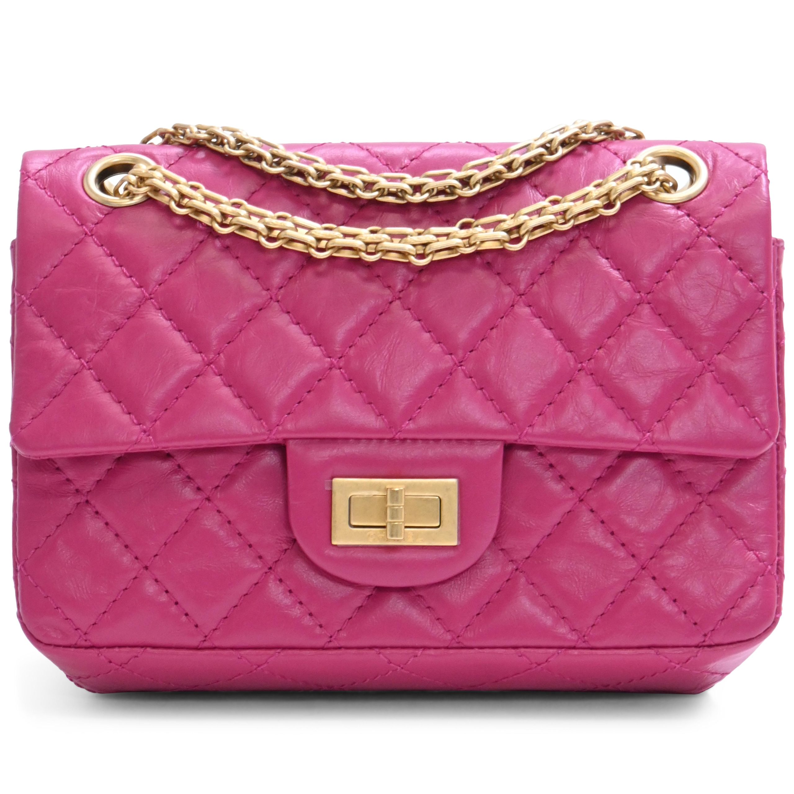 Fuchsia Quilted Calfskin 2.55 Reissue Mini Flap Bag Aged Gold Hardware