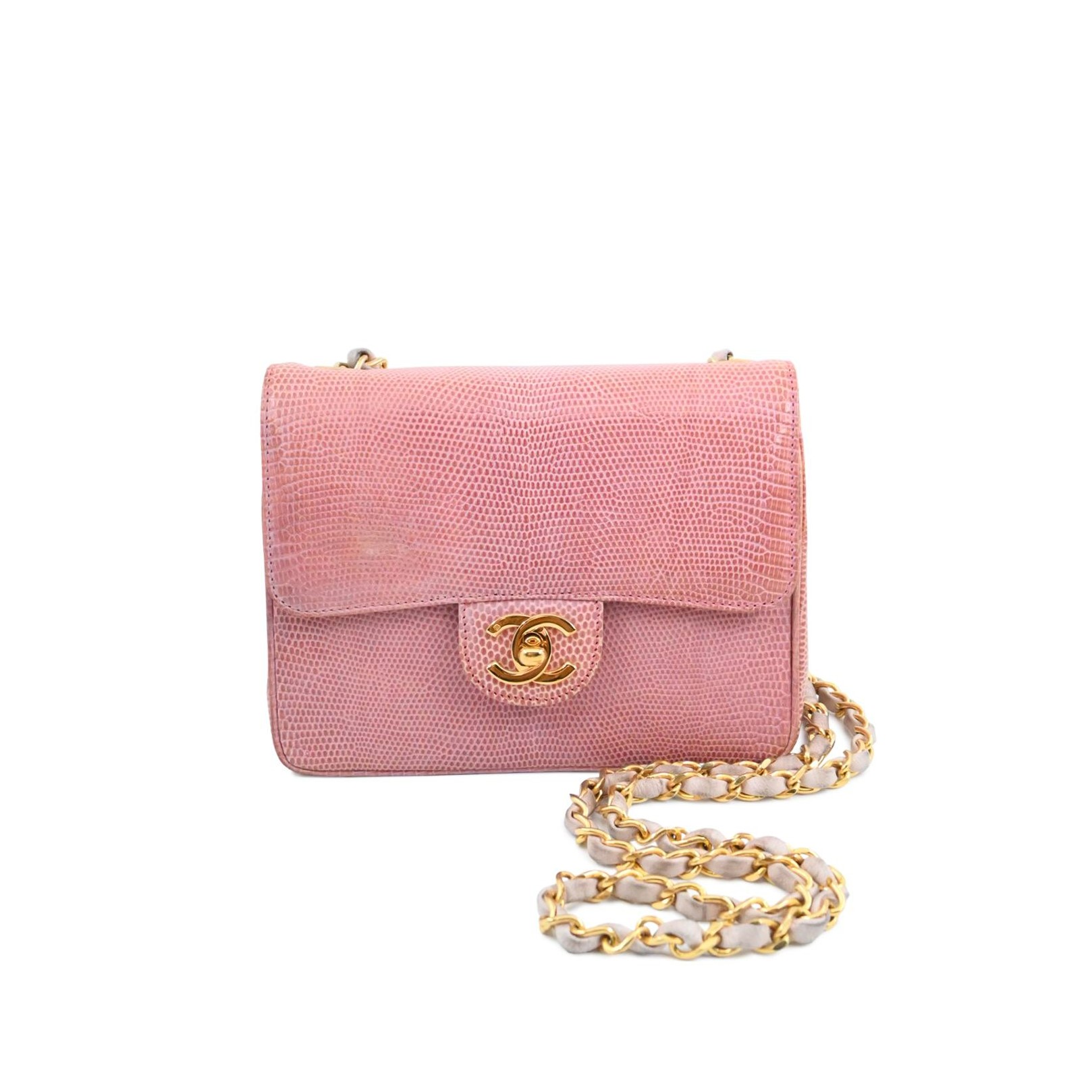 Vintage Pink Lizard Mini Square Flap Bag Gold Hardware, 1989-1991