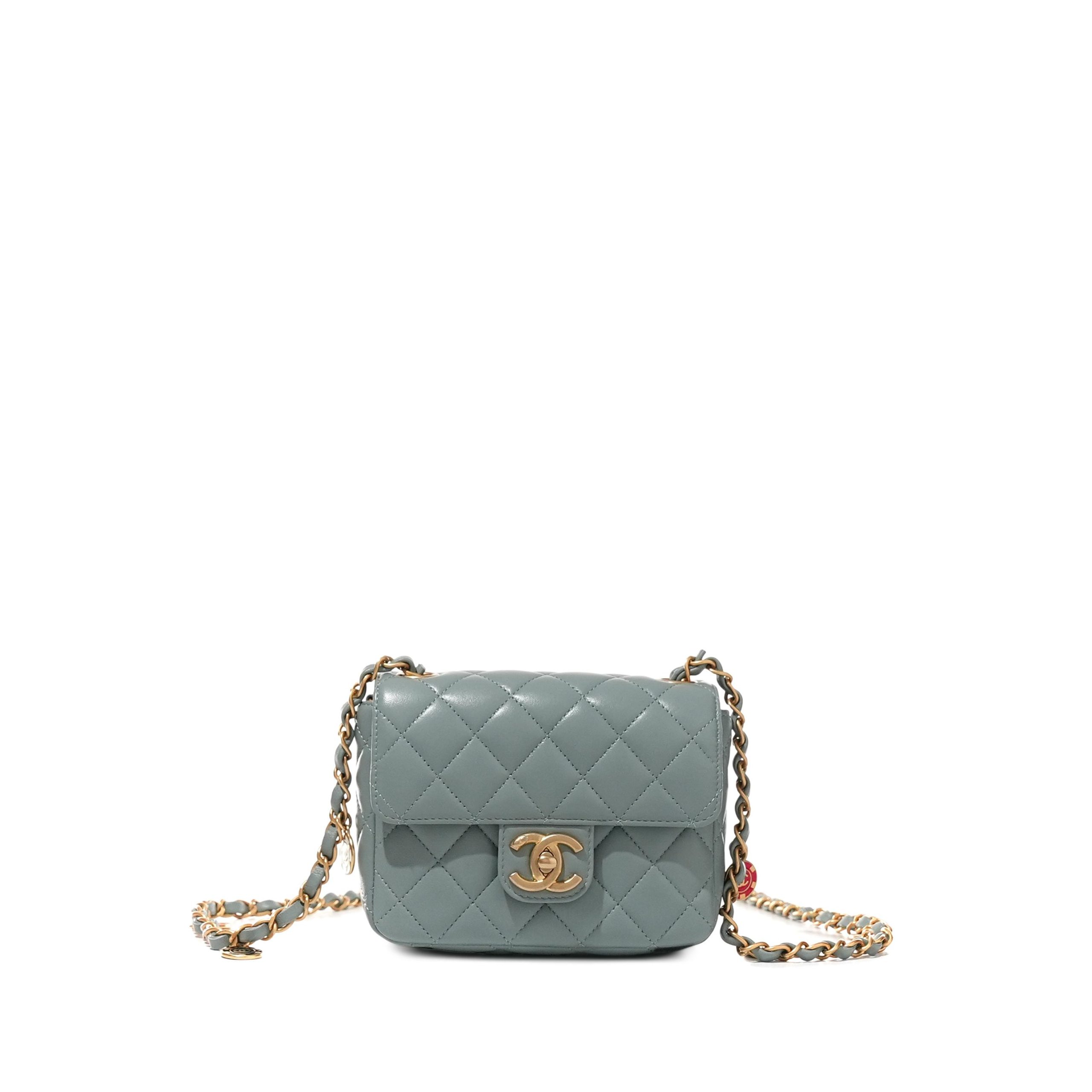 Light Blue Quilted Lambskin Casino Royale Charms Mini Square Flap Bag Brushed Gold Hardware