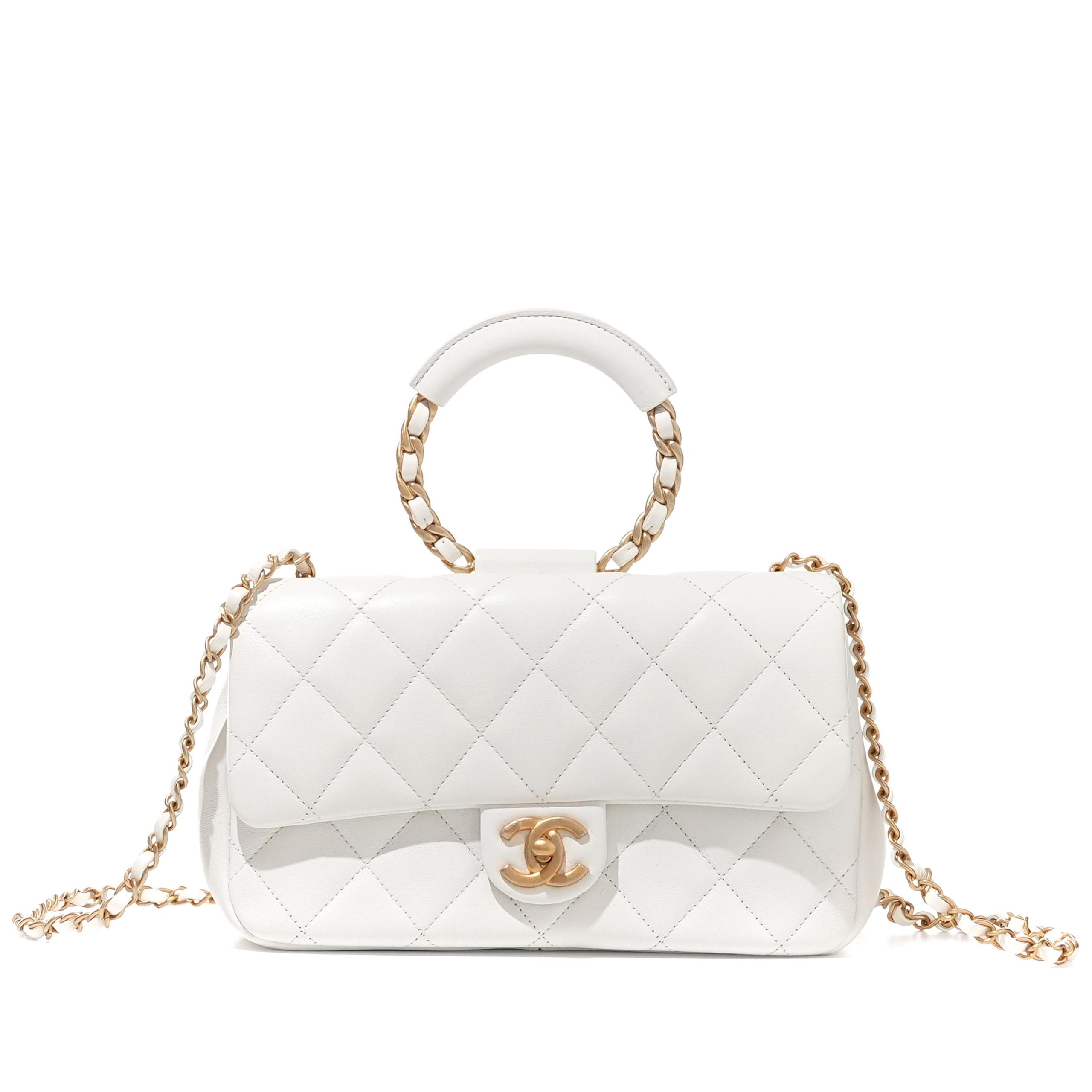 White Quilted Lambskin Top Handle Flap Bag Aged Gold Hardware, 2020 