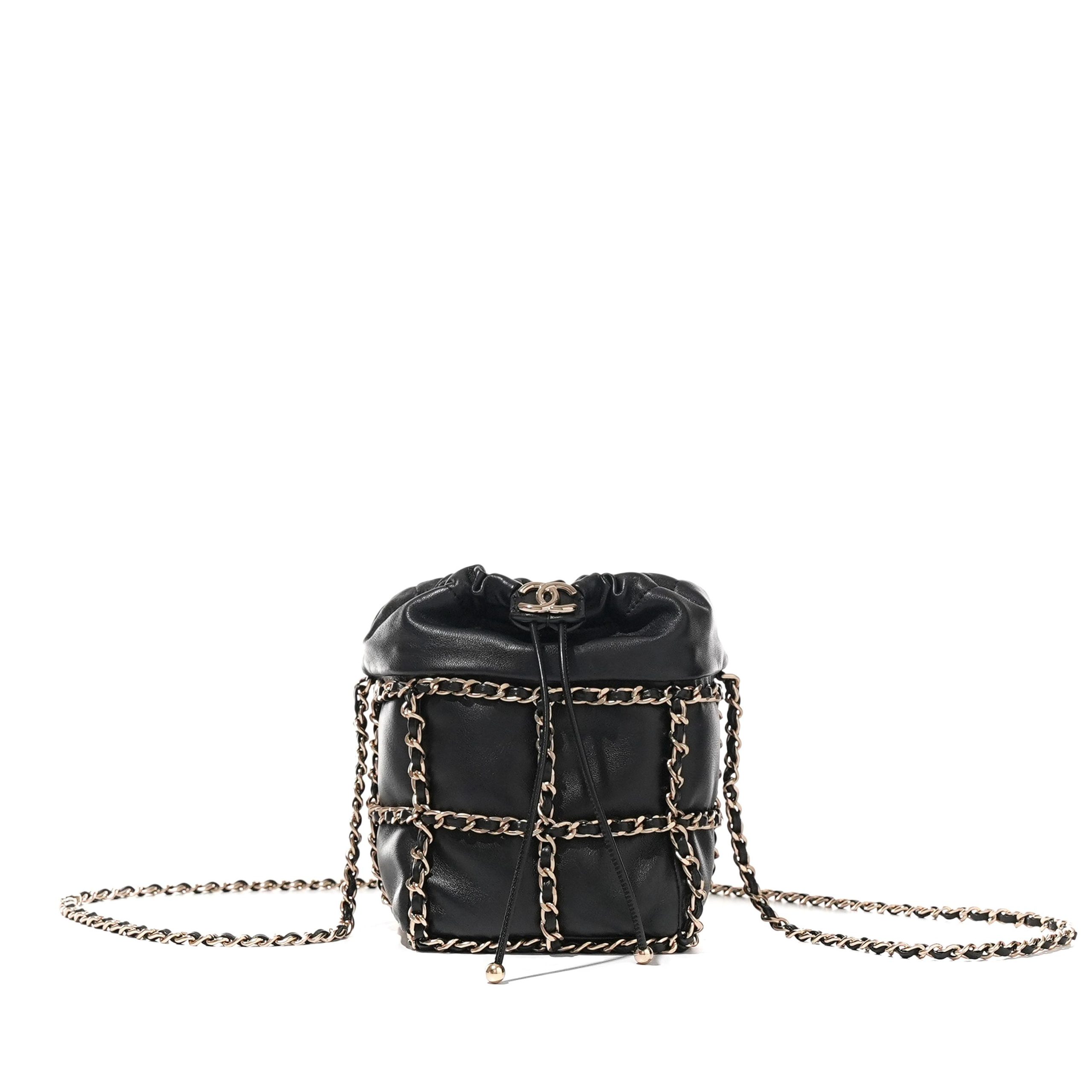 Black Lambskin Chain Drawstring Bucket Bag Pale Gold Hardware, 2021