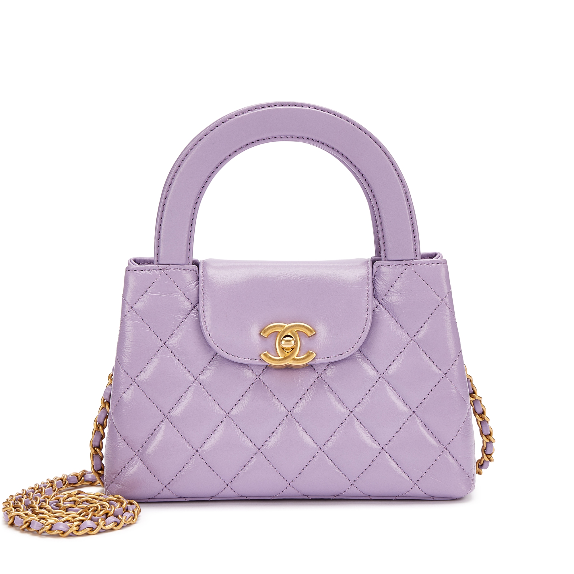 Purple Quilted Aged Calfskin Mini Kelly Bag Aged Gold Hardware