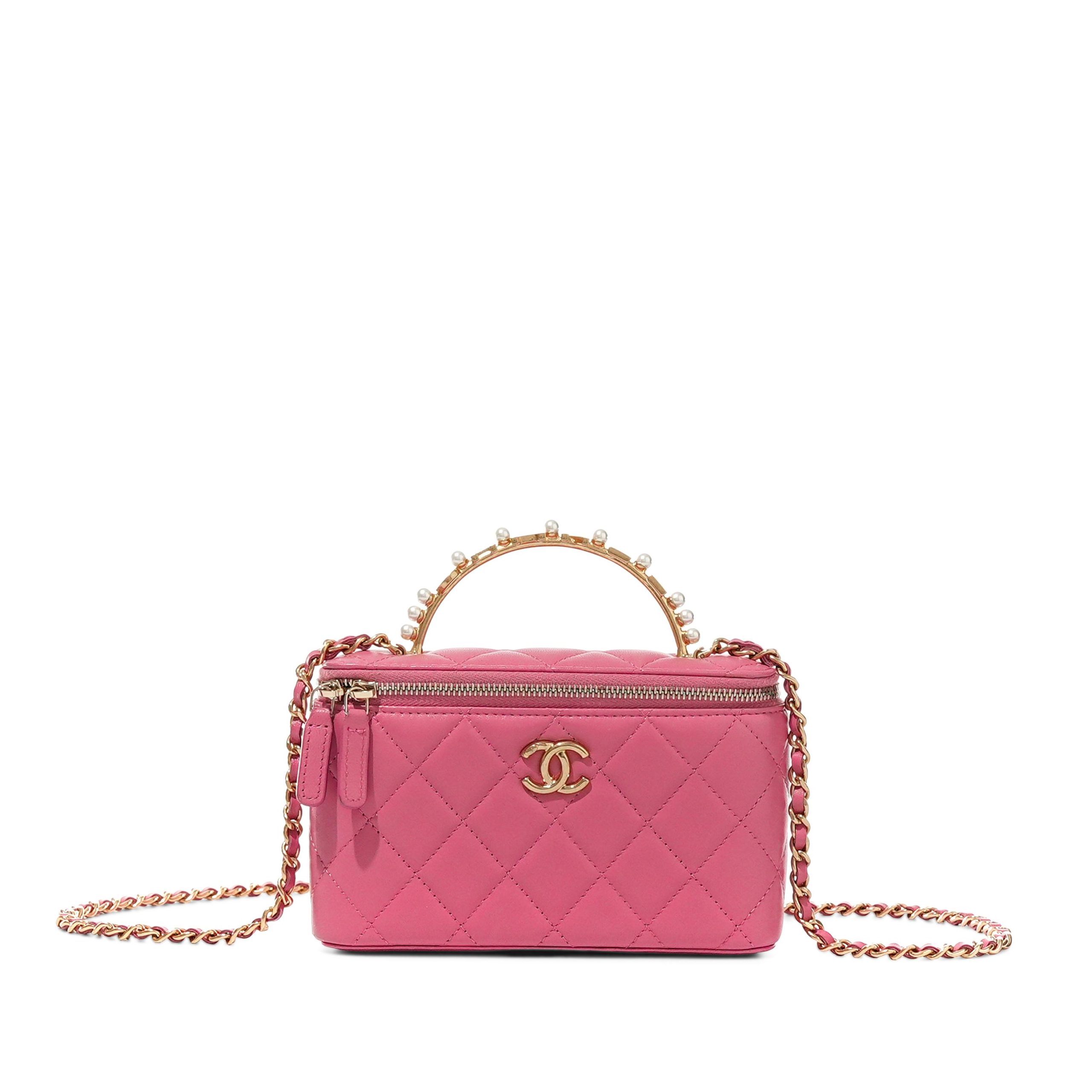 Pink Lambskin Top Handle Clutch with Chain Aged Gold Hardware, 2023