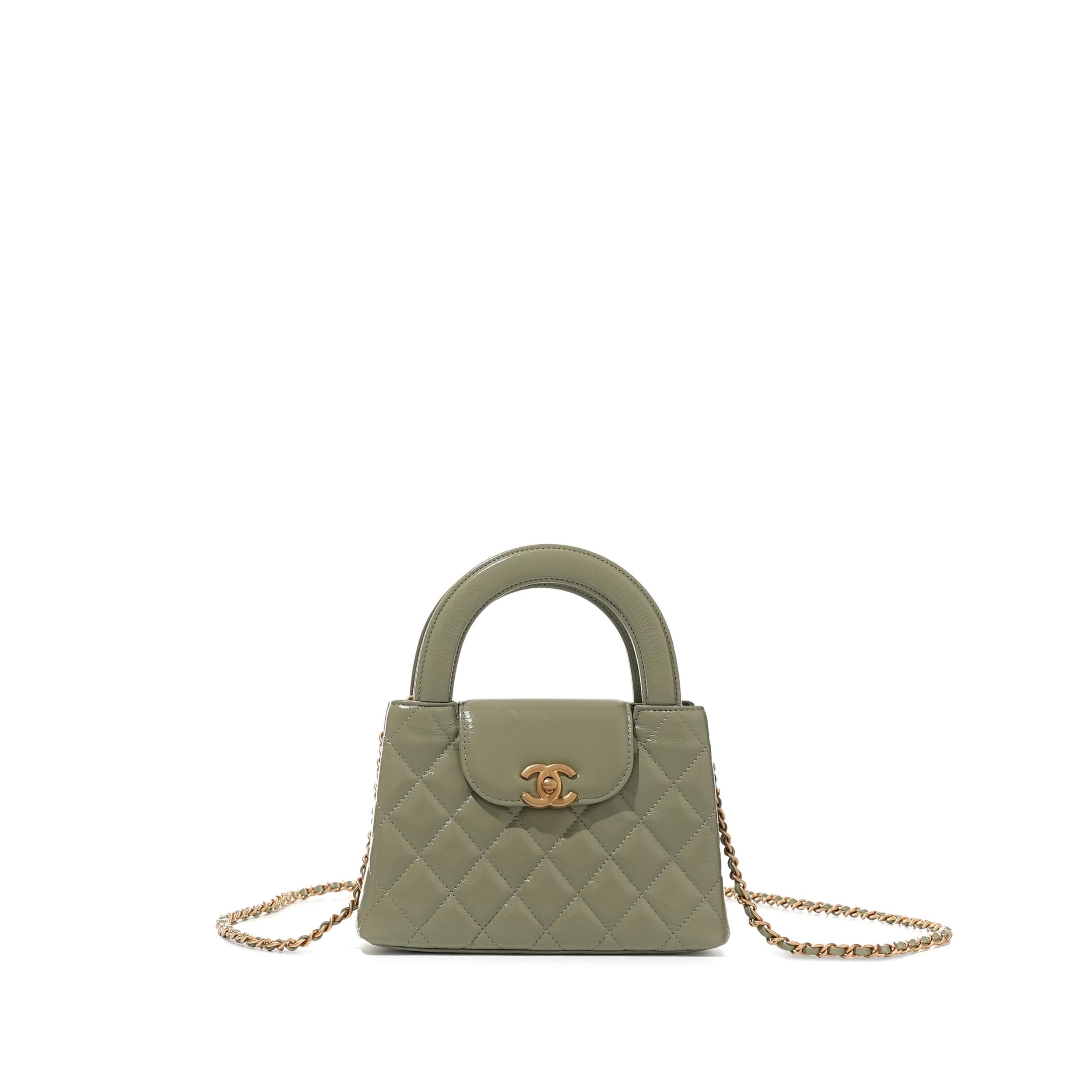 Khaki Green Quilted Aged Calfskin Mini Kelly Brushed Gold Hardware