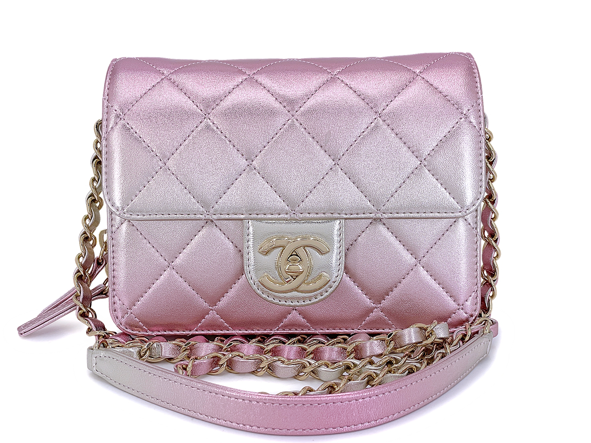 Pink Lavender Metallic Ombre Lambskin Wallet Mini Flap Bag Gold Hardware, 2022