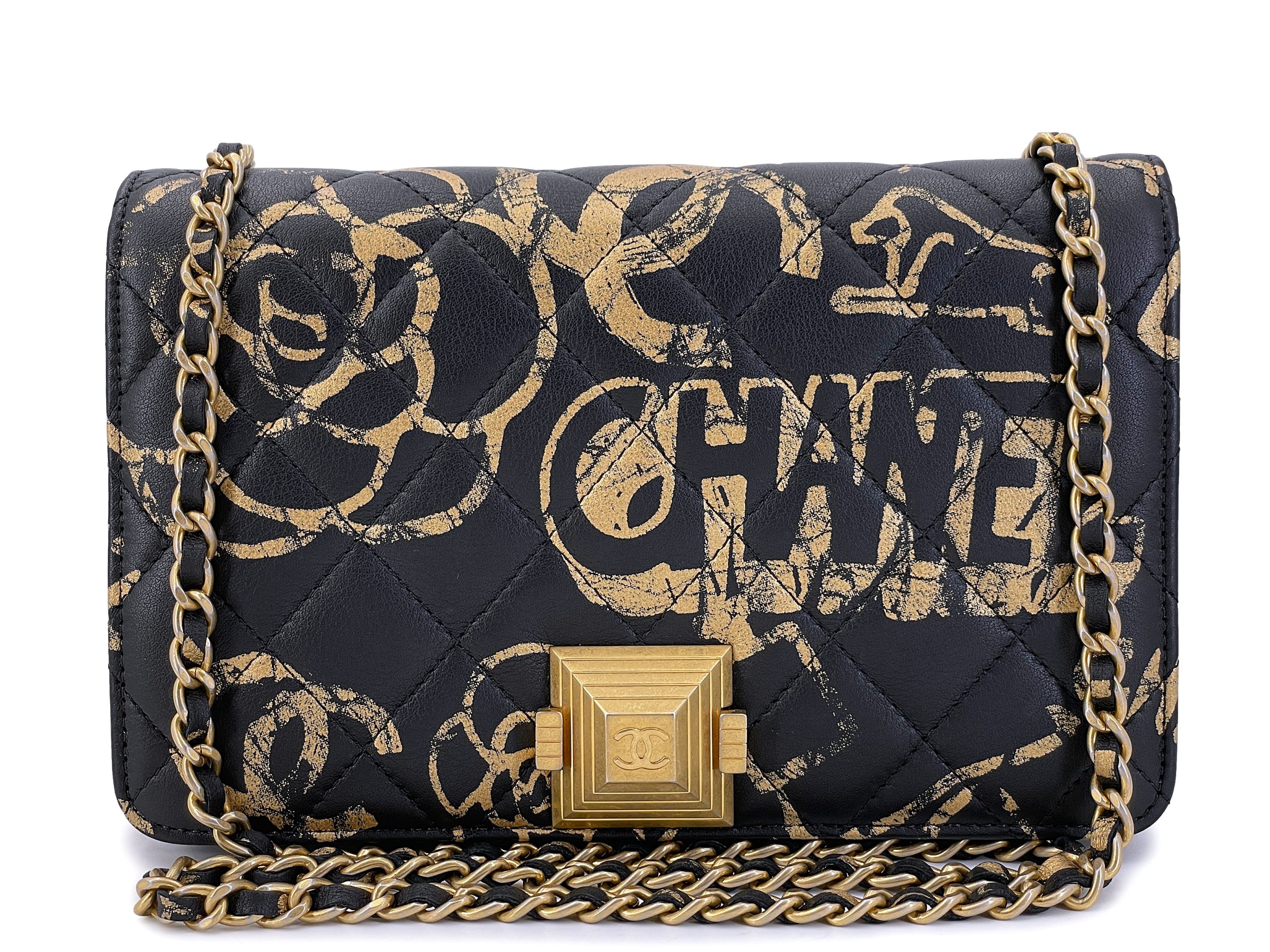Black Graffiti Printed Calfskin Wallet on Chain Aged Gold Hardware, 2018-2019