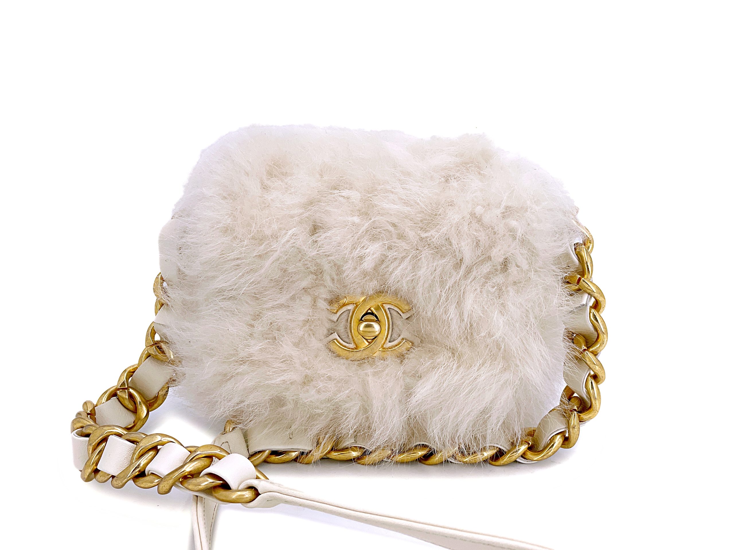 White Ivory Fur Faux Mini Crossbody Chunky Chain Flap Bag Aged Gold Hardware, 2021