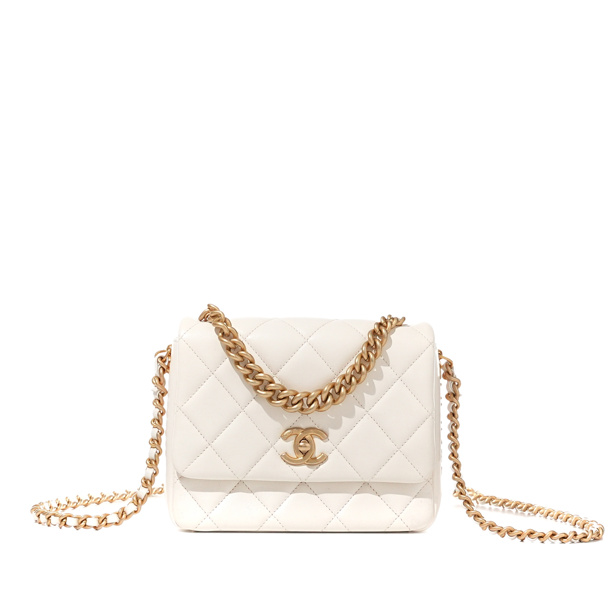 White Quilted Lambskin Flap Bag Aged Gold Hardware, 2021