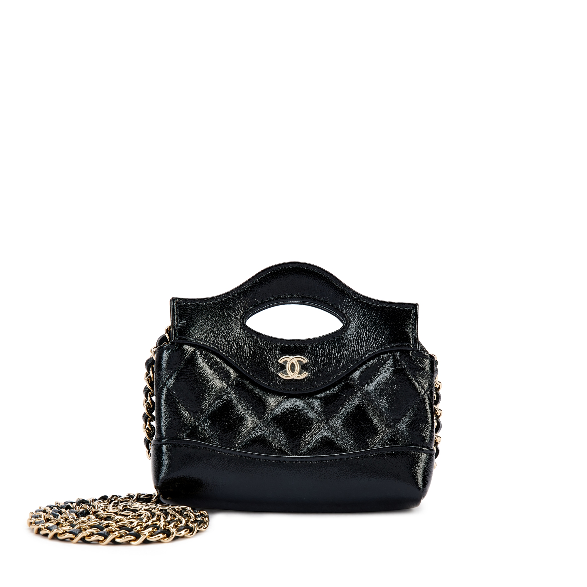 Black Quilted Calfskin Chanel 31 Micro Shopping Bag Pale Gold Hardware