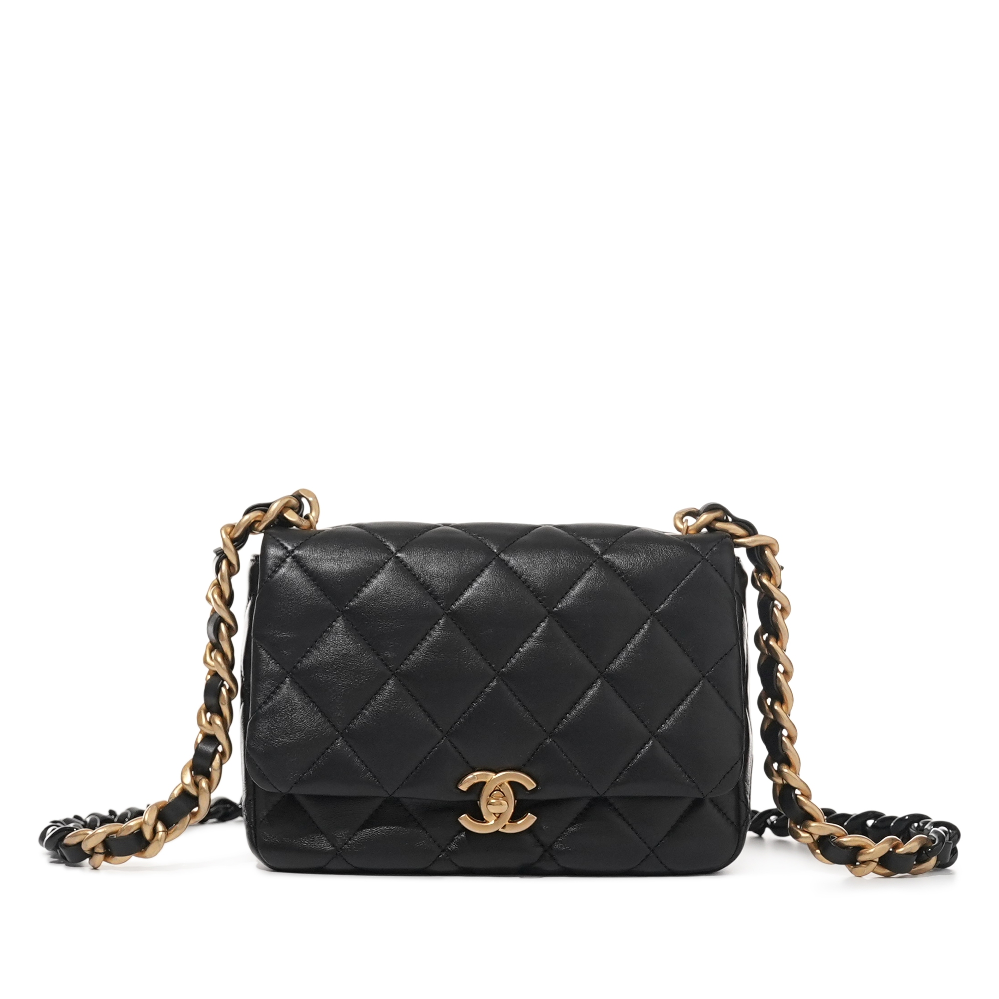 Black Quilted Lambskin Flap Bag Aged Gold Hardware, 2022