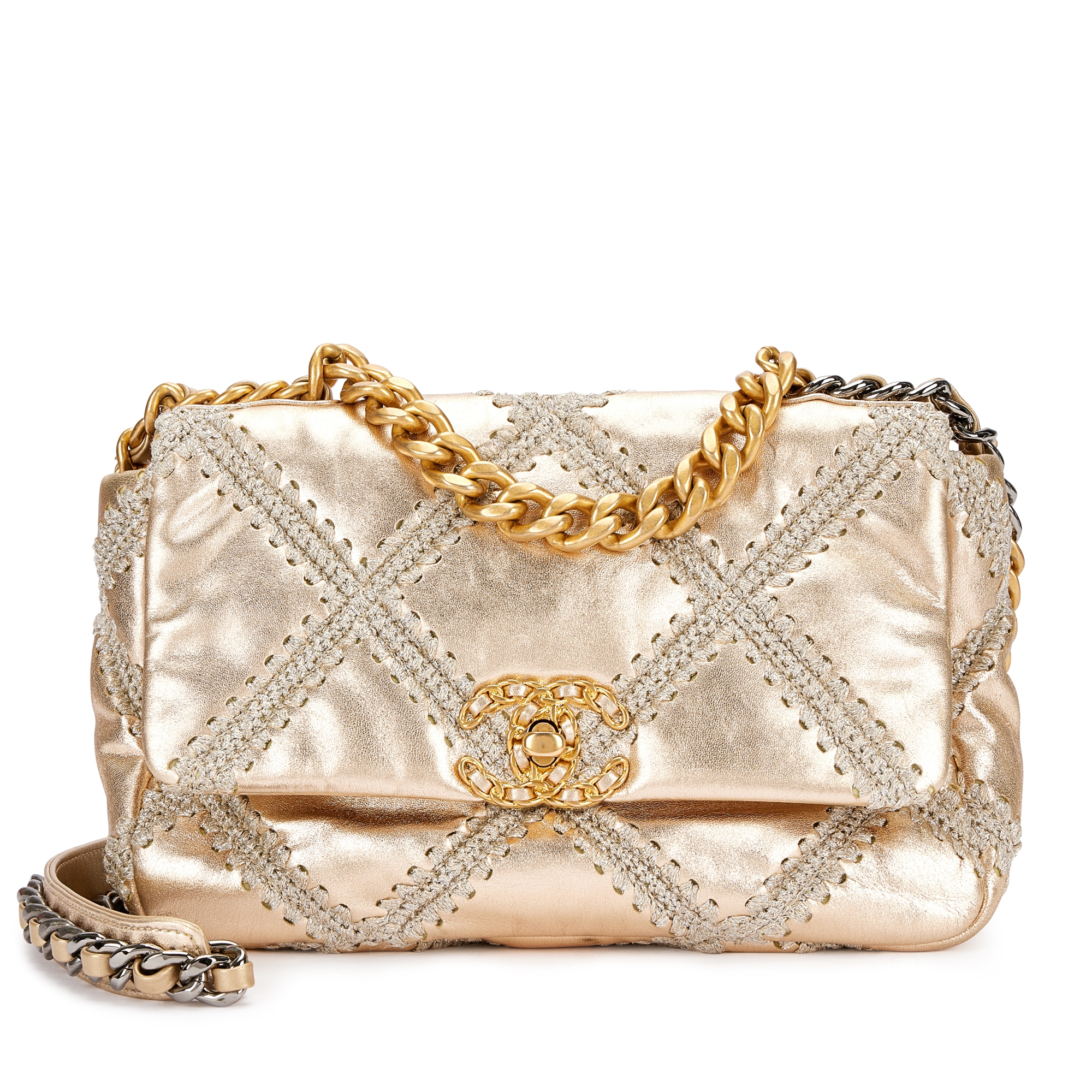 Gold and Tweed Quilted Lambskin Chanel 19 Flap Bag Aged Gold and Ruthenium Hardware