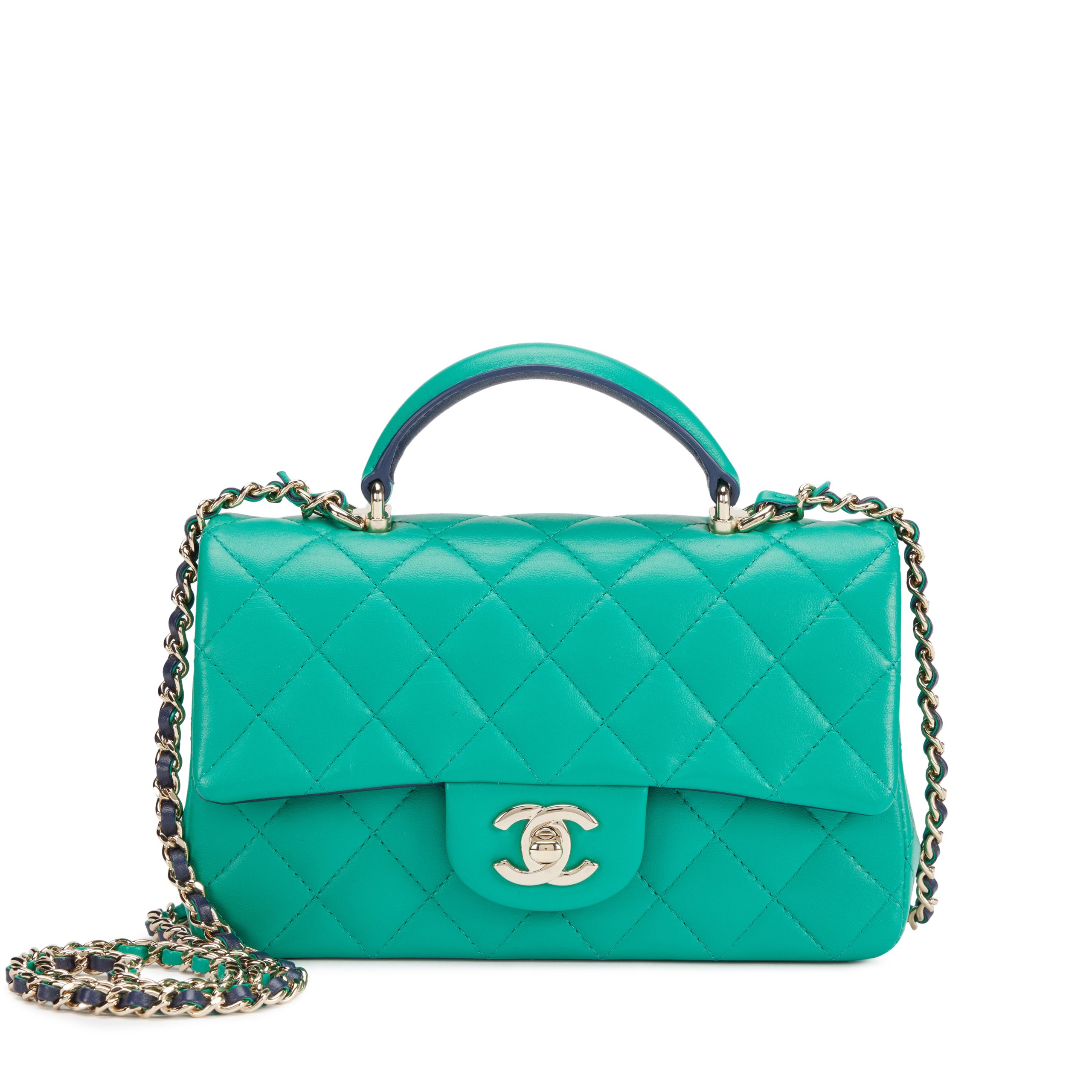 Green and Navy Blue Quilted Lambskin Mini Flap Top Handle Light Gold Hardware, 2023
