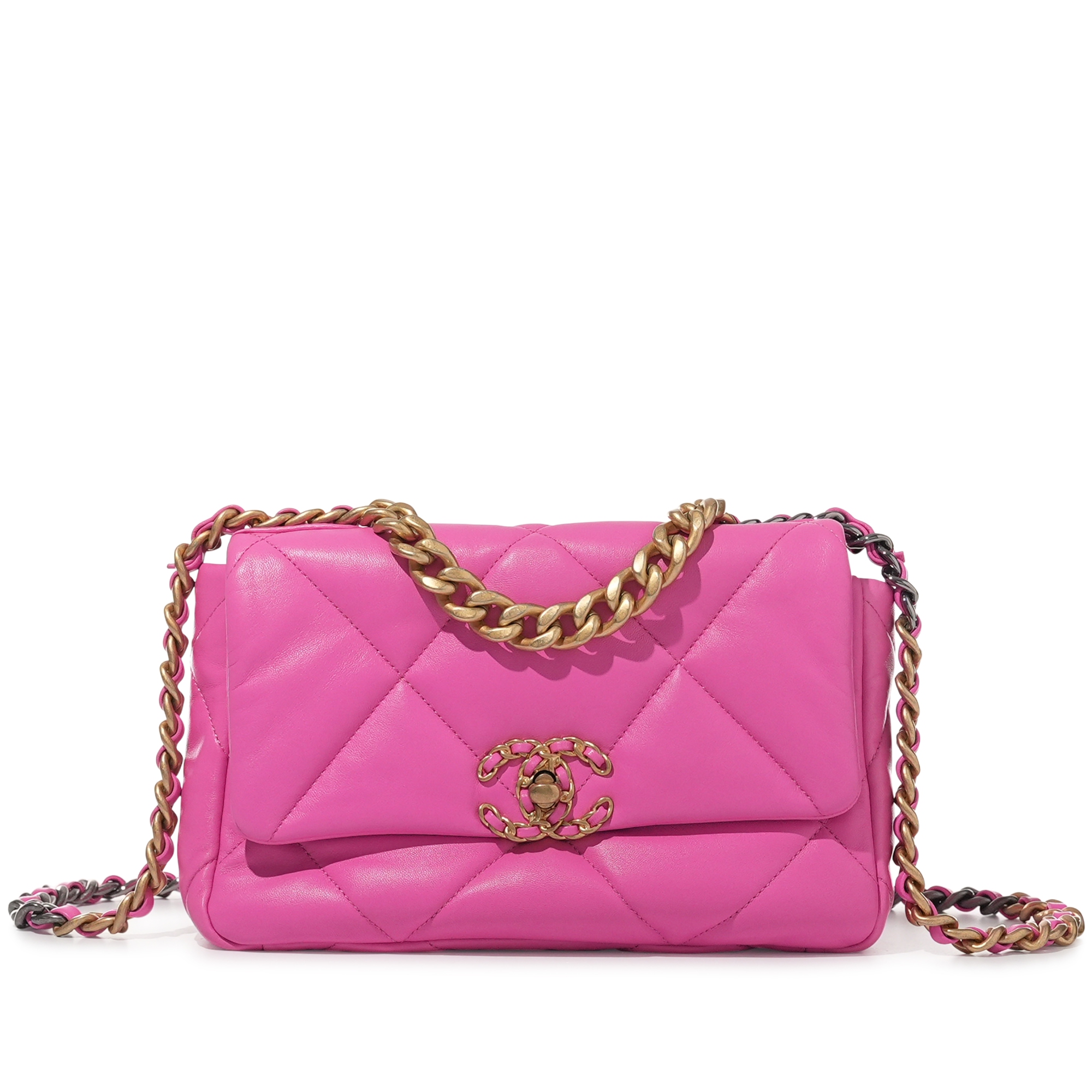Pink Quilted Lambskin Chanel 19 Flap Brushed Gold, Silver and Ruthenium Hardware, 2021