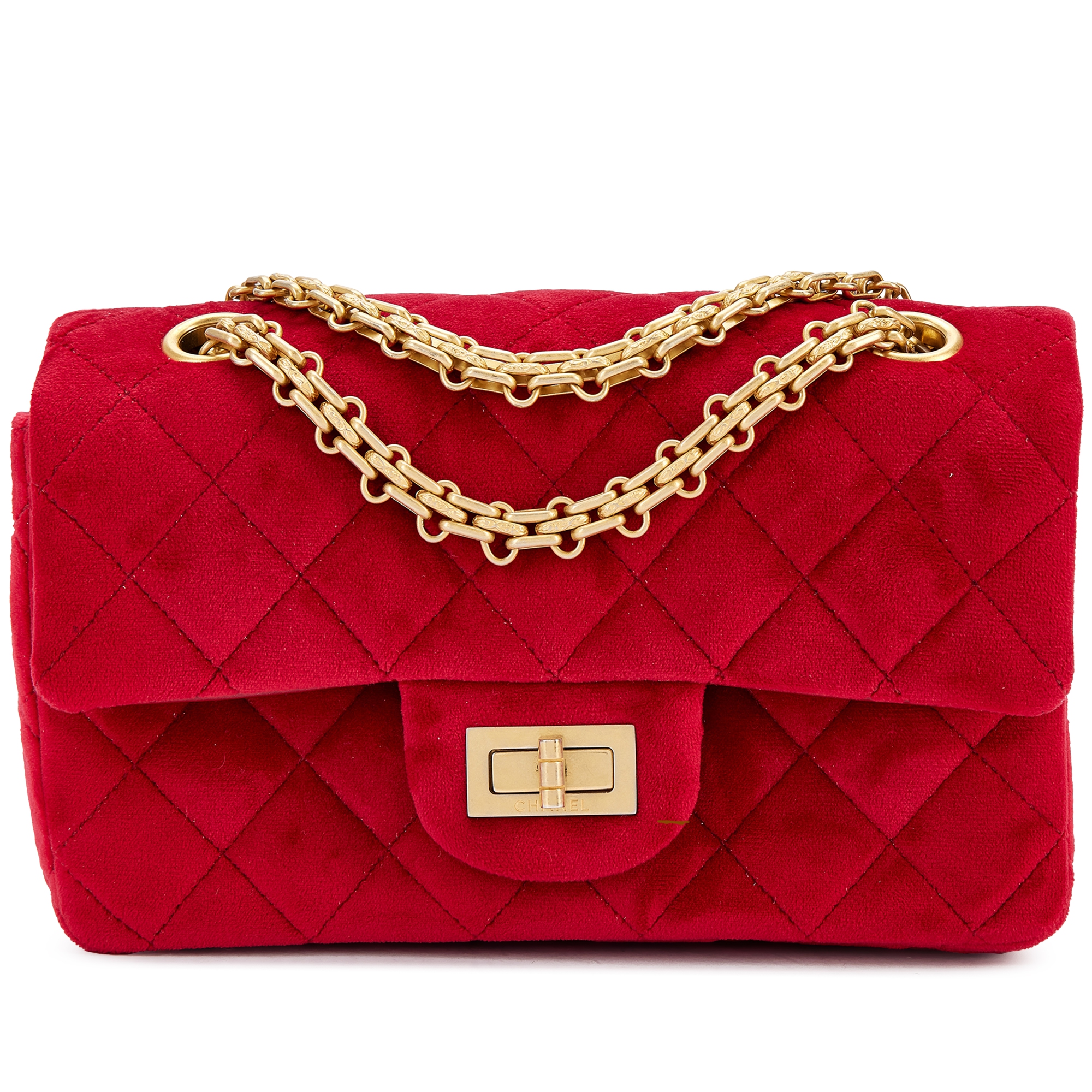 Red Quilted Velvet Mini 2.55 Flap Brushed Gold Hardware, 2019