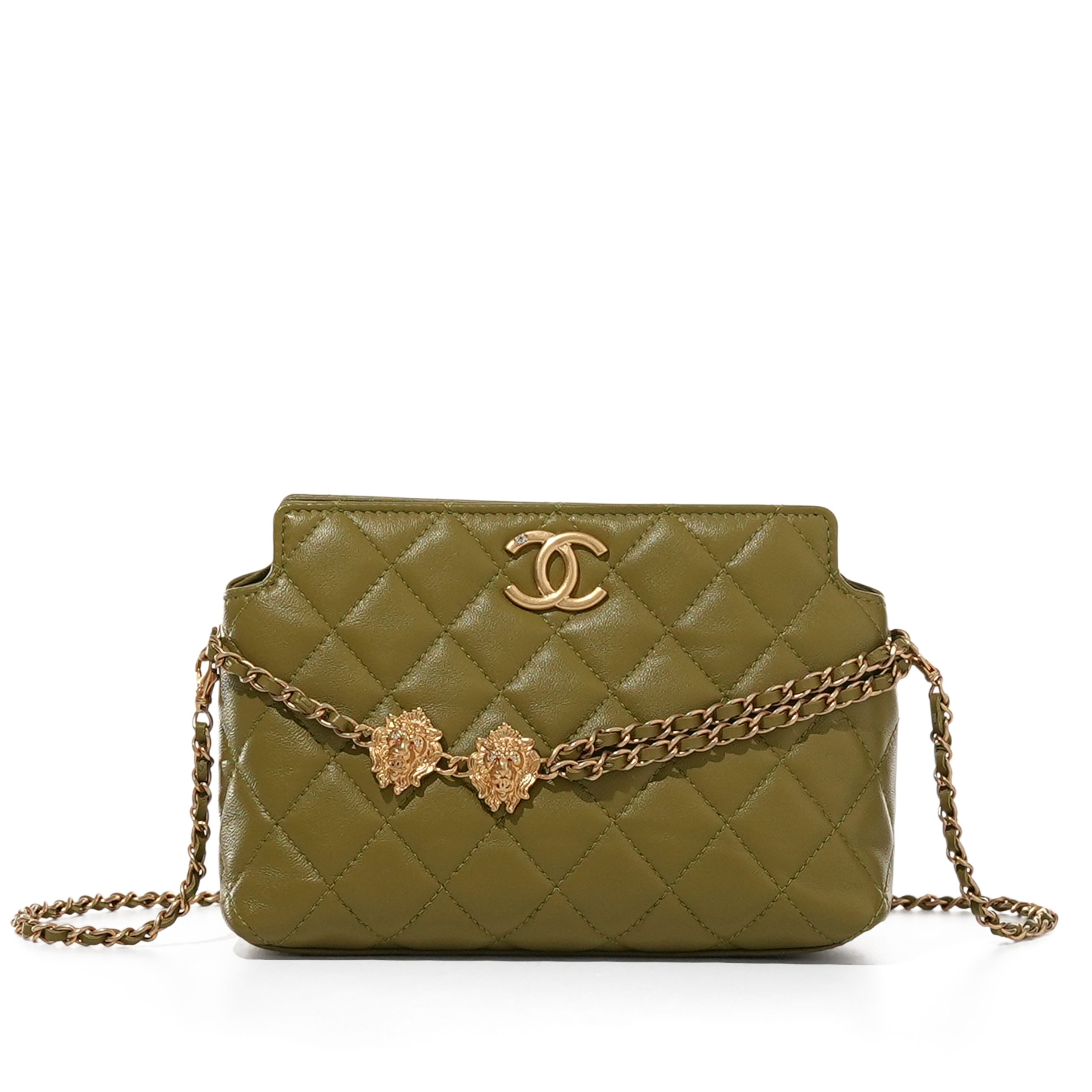 Green Quilted Lambskin Clutch with Chain Brushed Gold Hardware, 2023