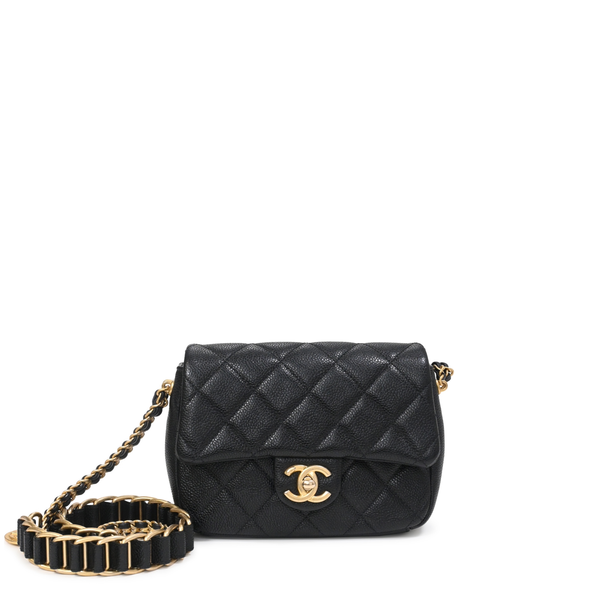 Black Quilted Caviar Flap Bag  Aged Gold Hardware