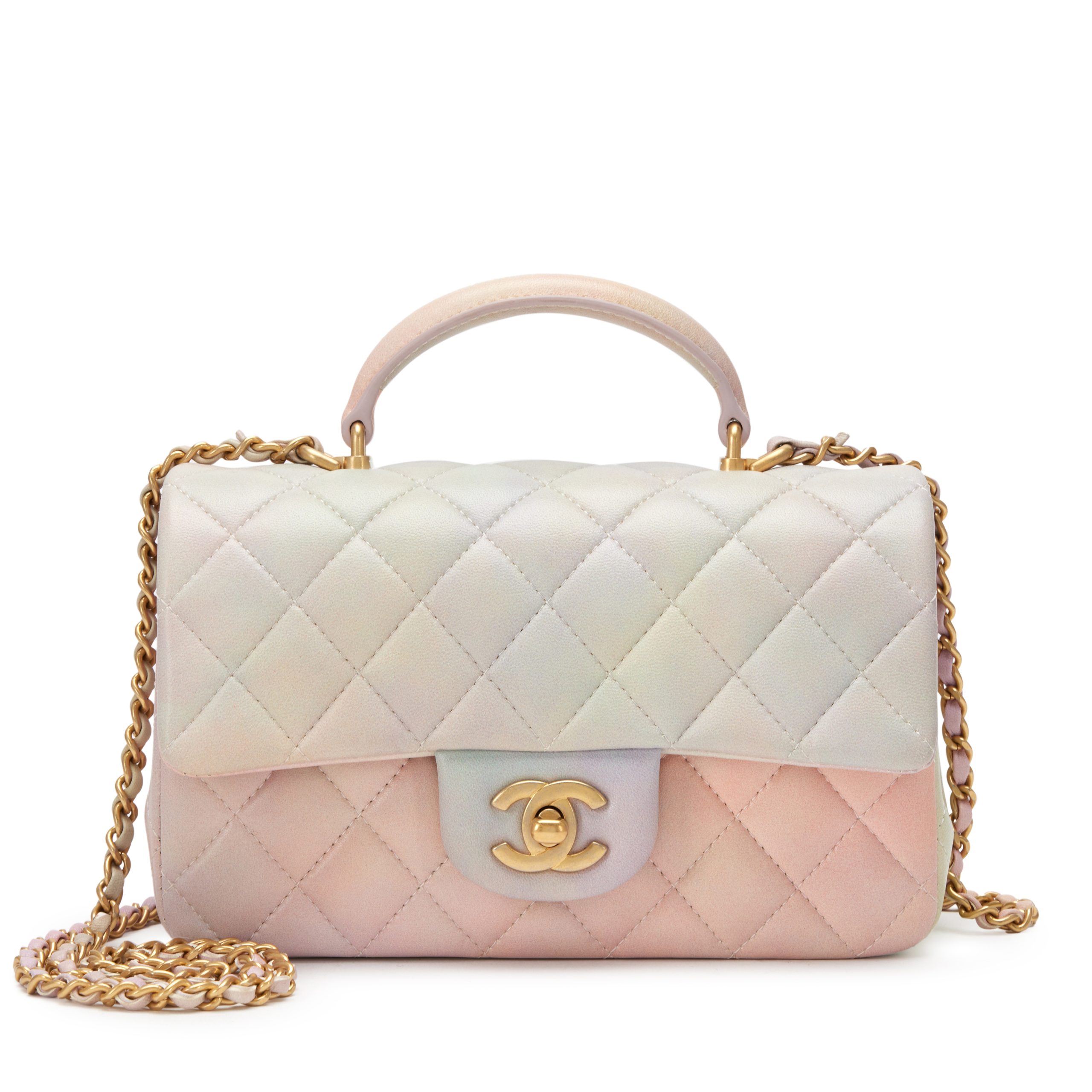 Pink Ombre Quilted Lambskin Mini Flap Bag With Top Handle Aged Gold Hardware, 2022