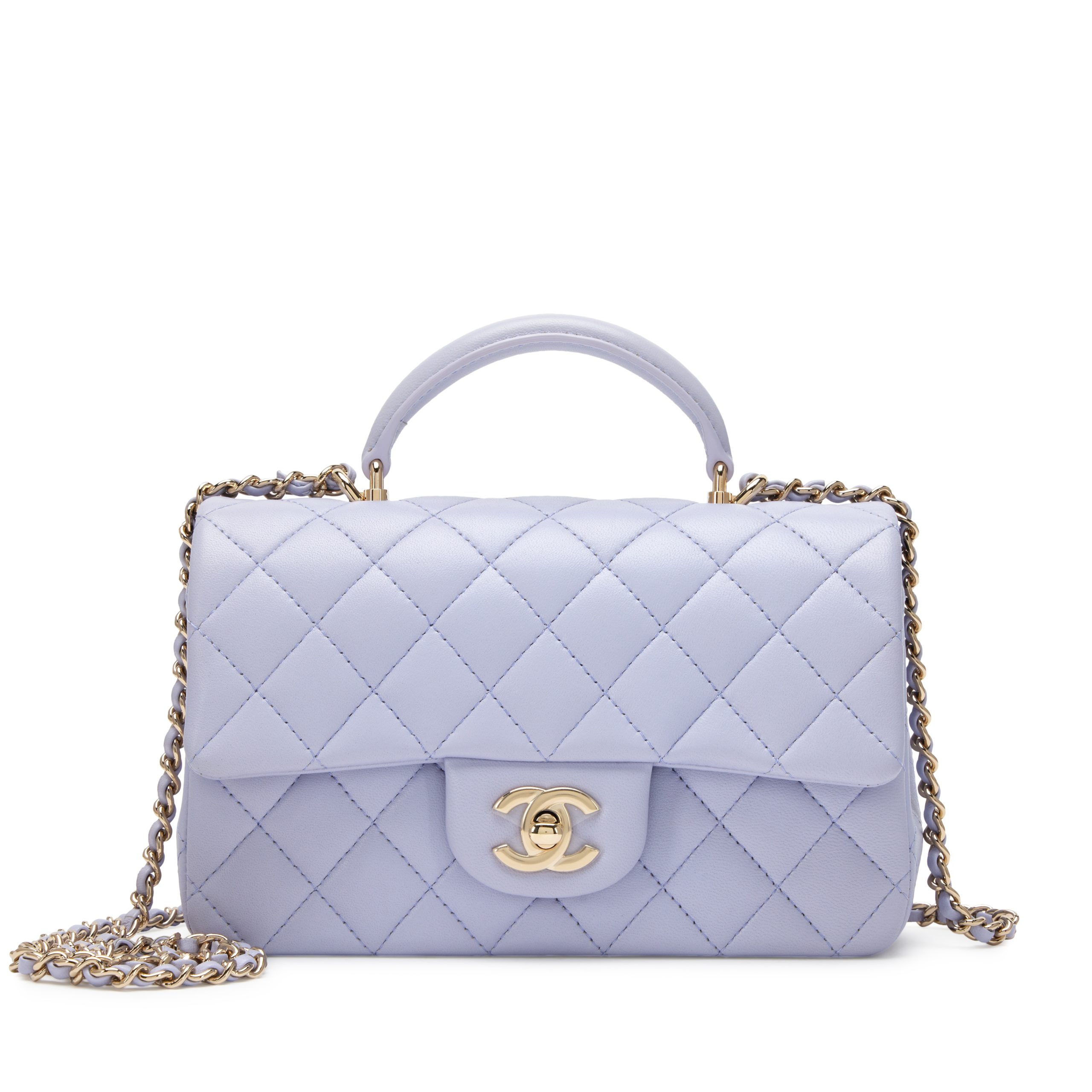Light Purple Quilted Lambskin Mini Flap Bag with Top Handle Light Gold Hardware, 2021