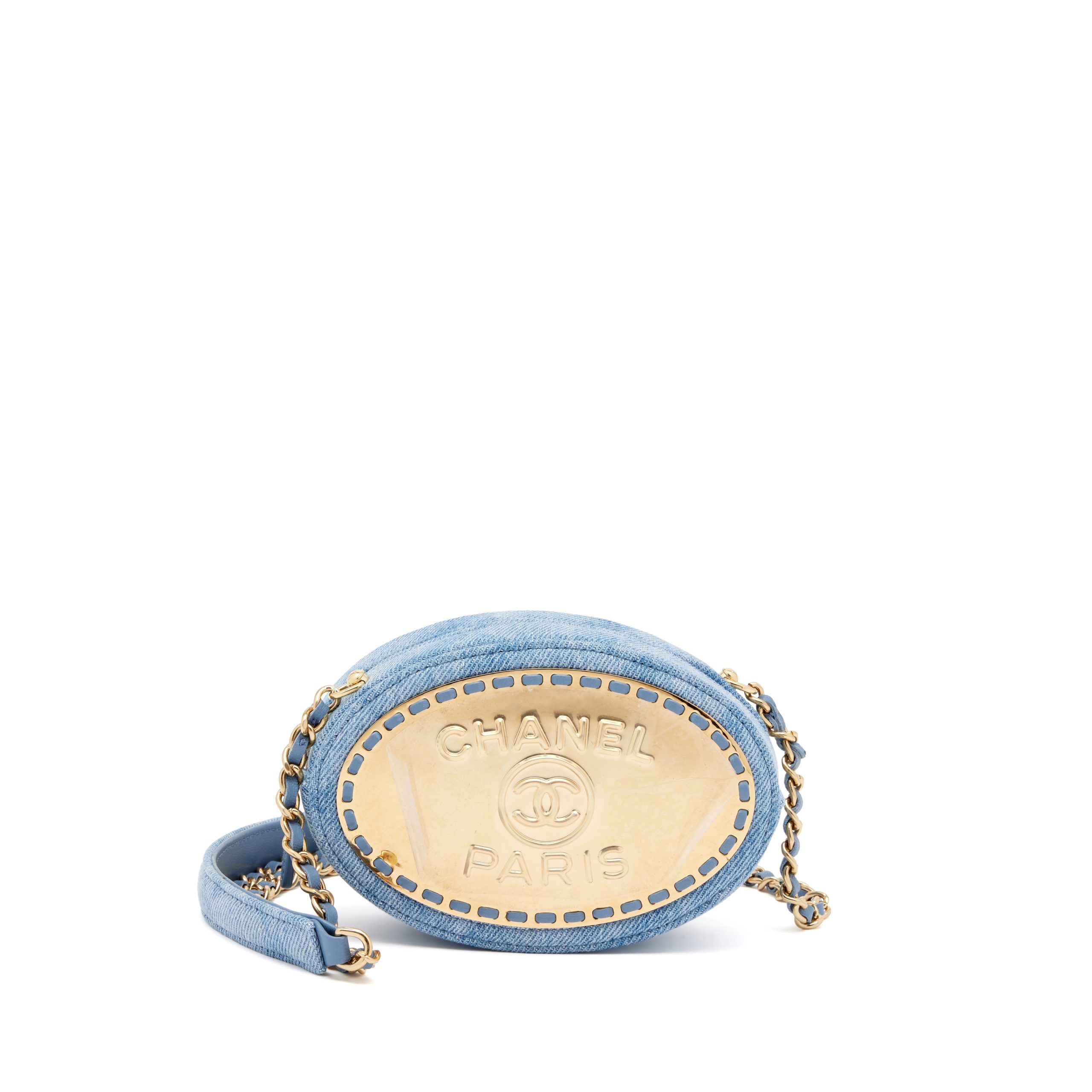 Printed Light Blue Denim Quilted Vanity Oval Clutch With Chain Gold Hardware, 2022