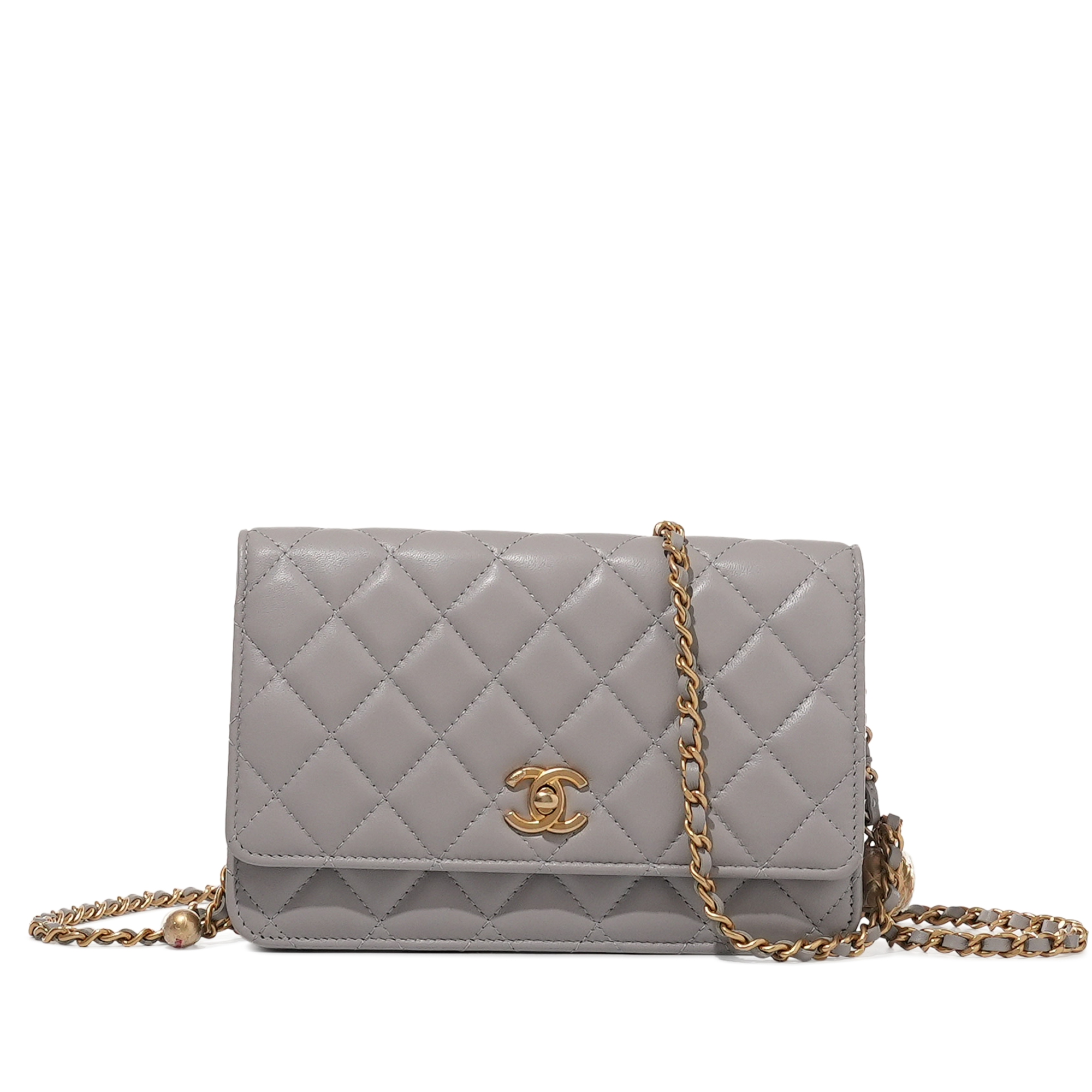 Grey Quilted Lambskin Pearl Crush Wallet on Chain Gold Hardware