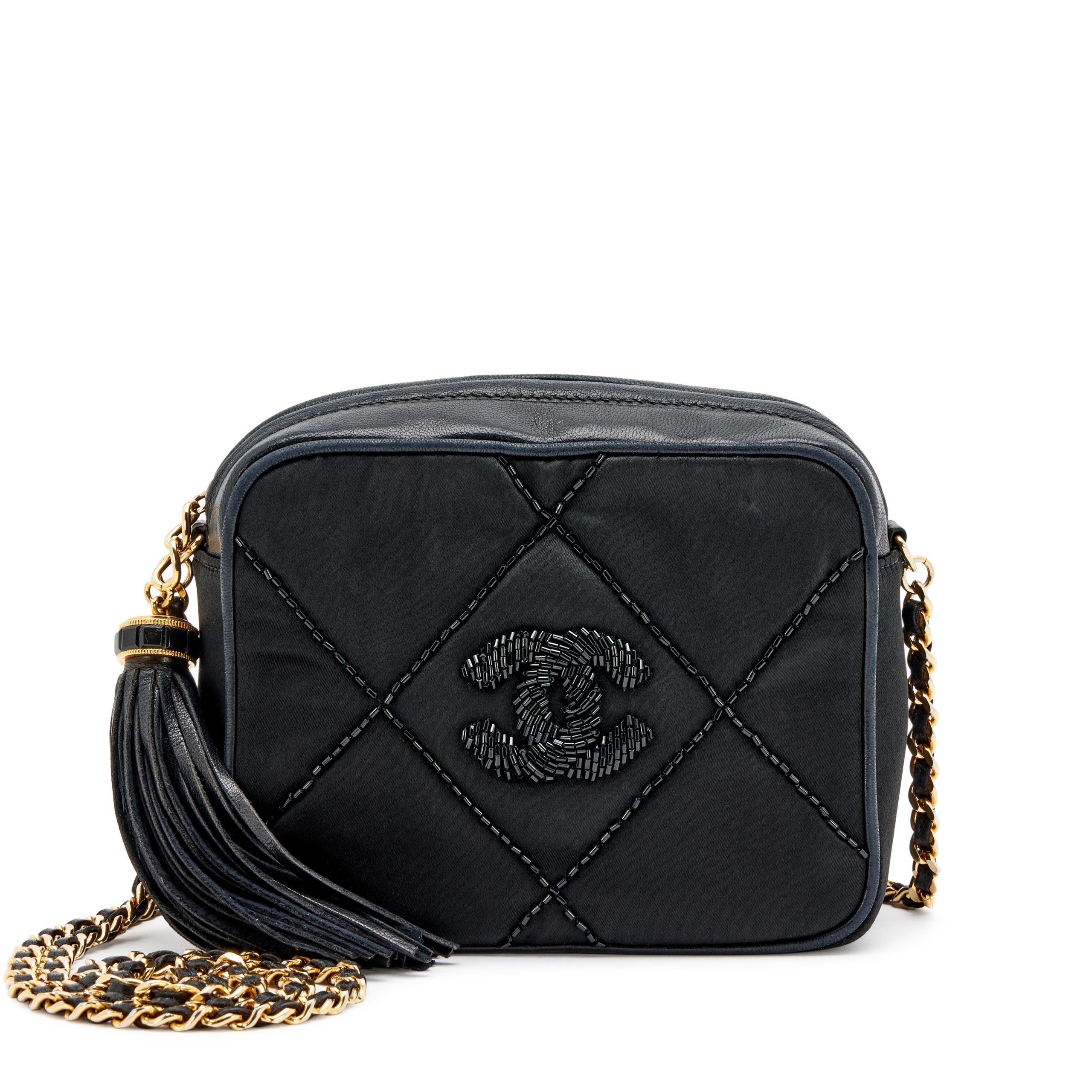 Black Quilted Satin Embellished Camera Bag Gold Hardware, 1989-1991