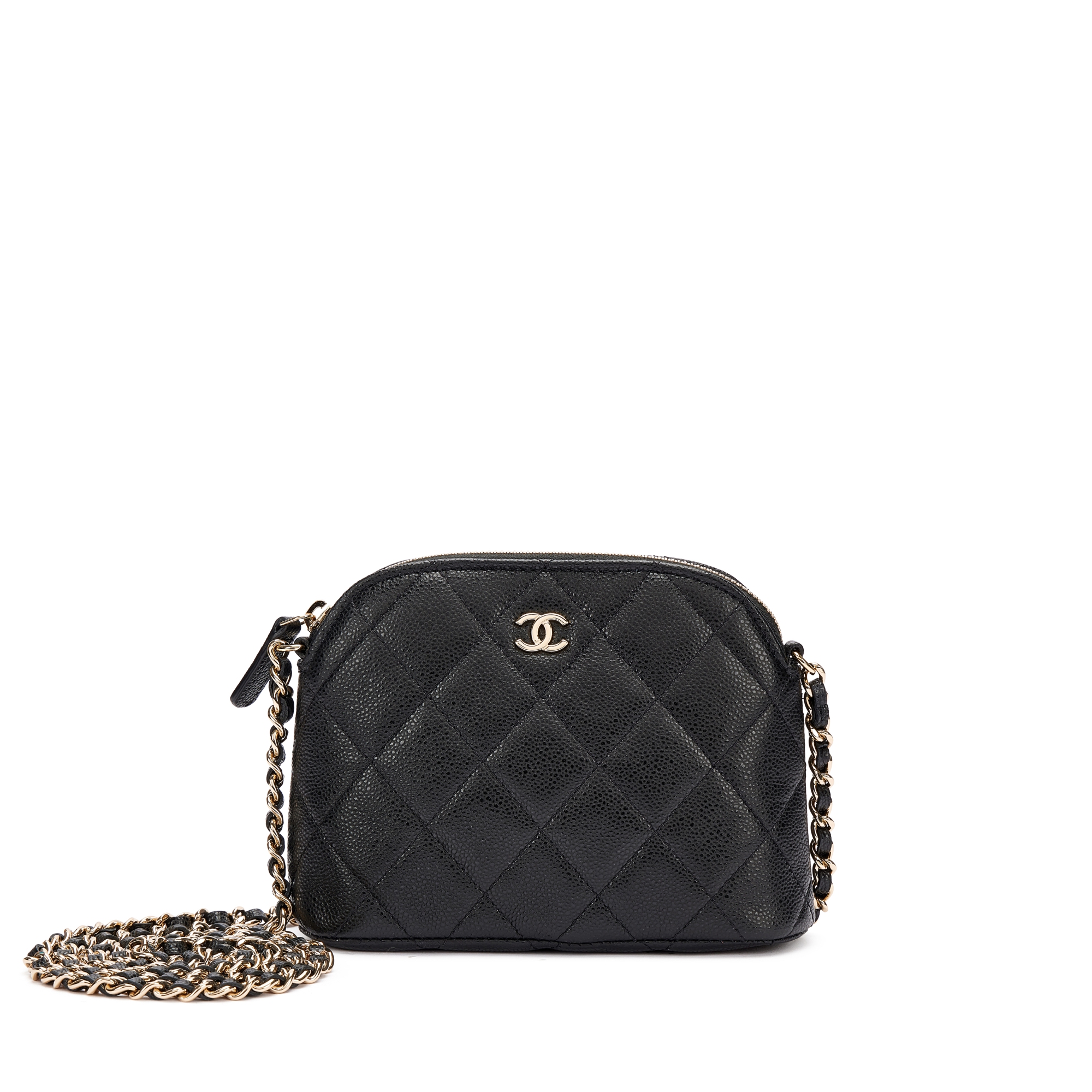 Black Quilted Caviar Bag with Chain Pale Gold Hardware