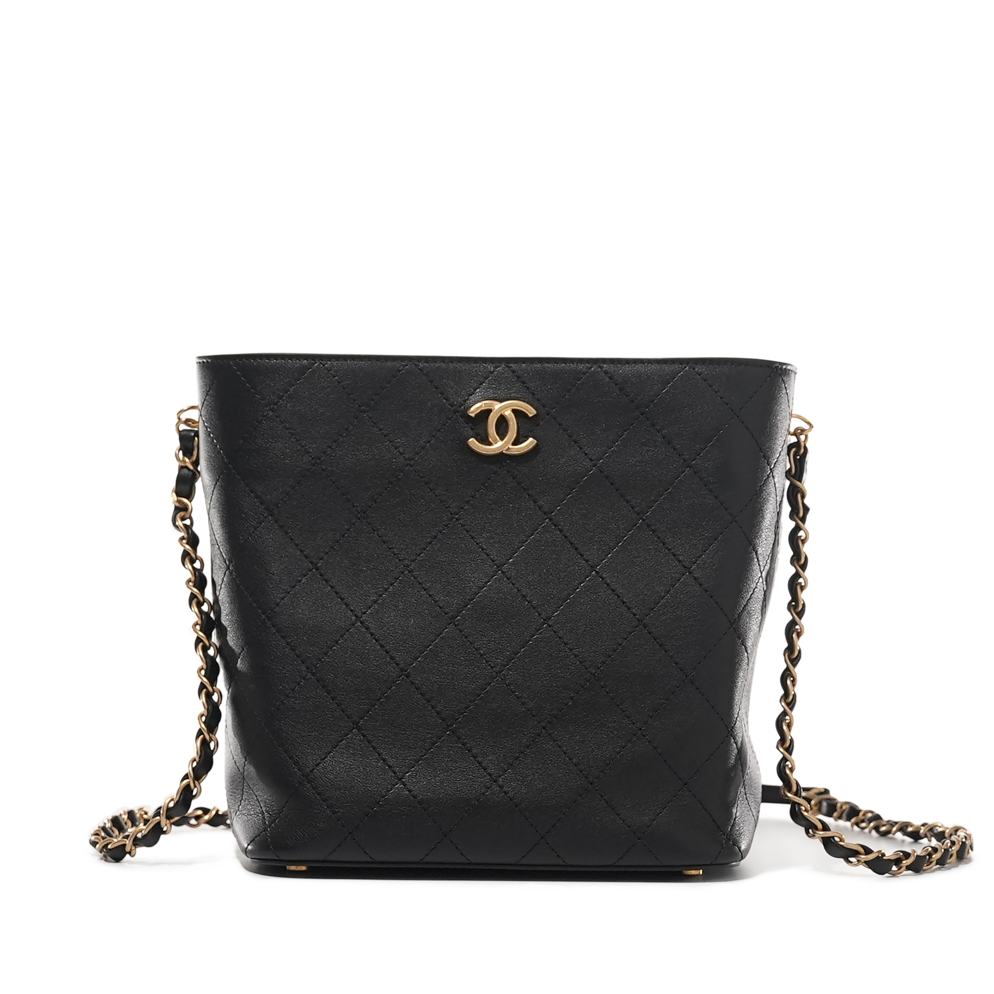 Black Quilted Calfskin Drawstring Bucket Bag Gold Hardware