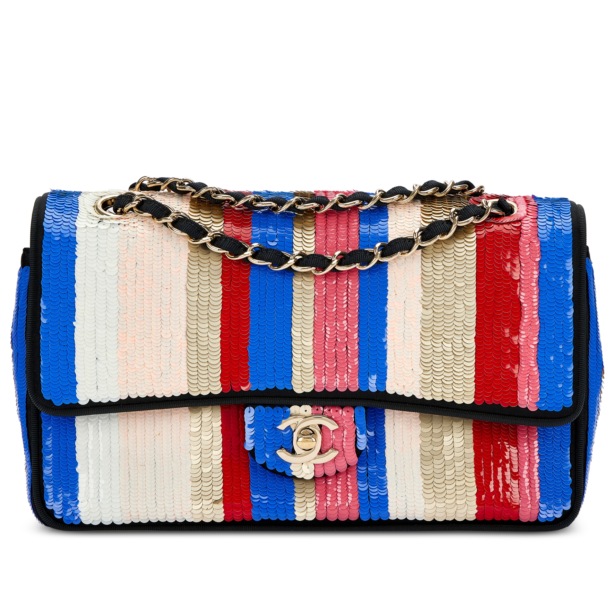 Blue, White, Red, Gold and Pink Sequin and Black Fabric Double Flap Bag Pale Gold Hardware, 2016