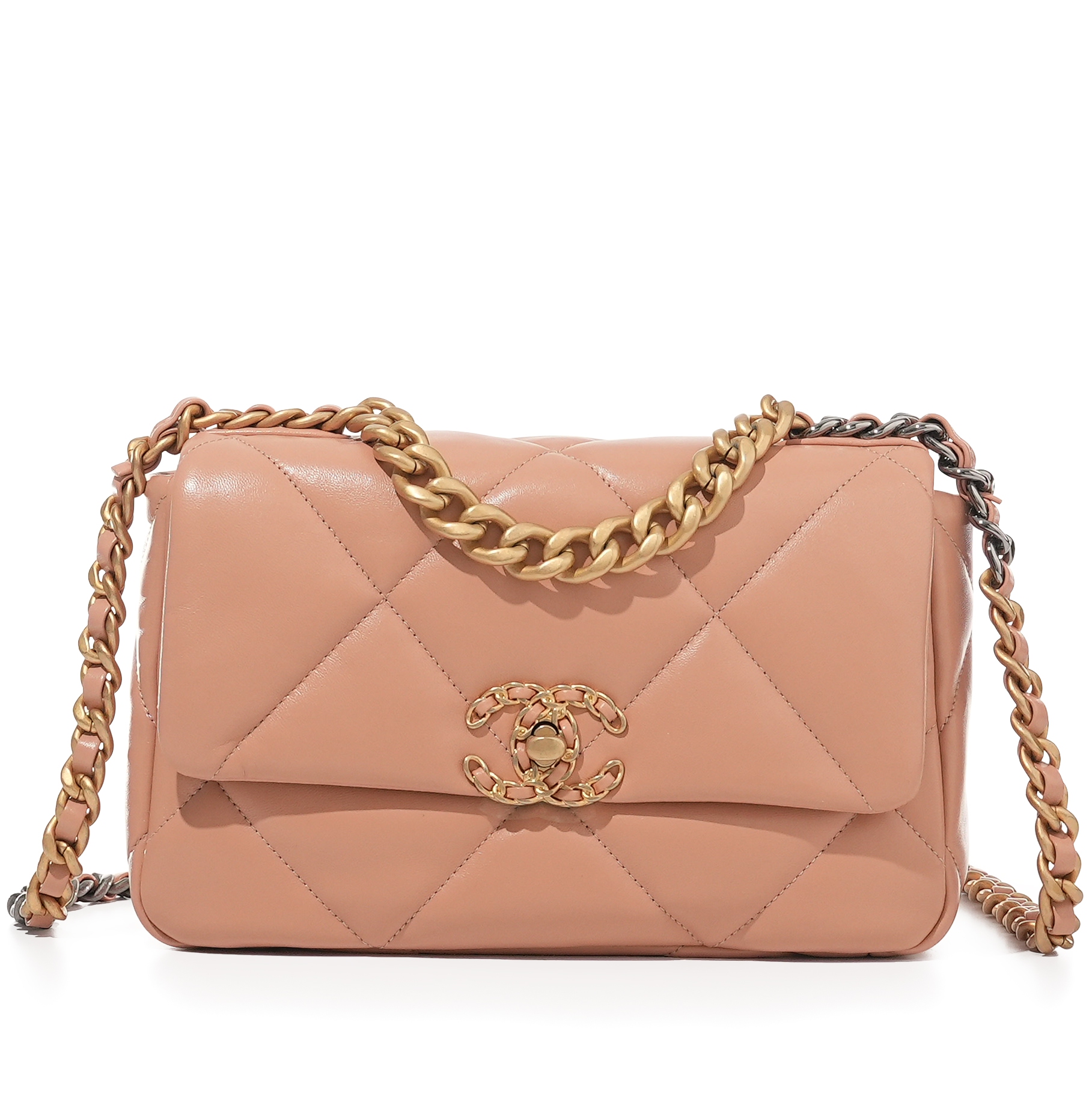 Coral Quilted Lambskin Chanel 19 Flap Gold and Ruthenium Hardware